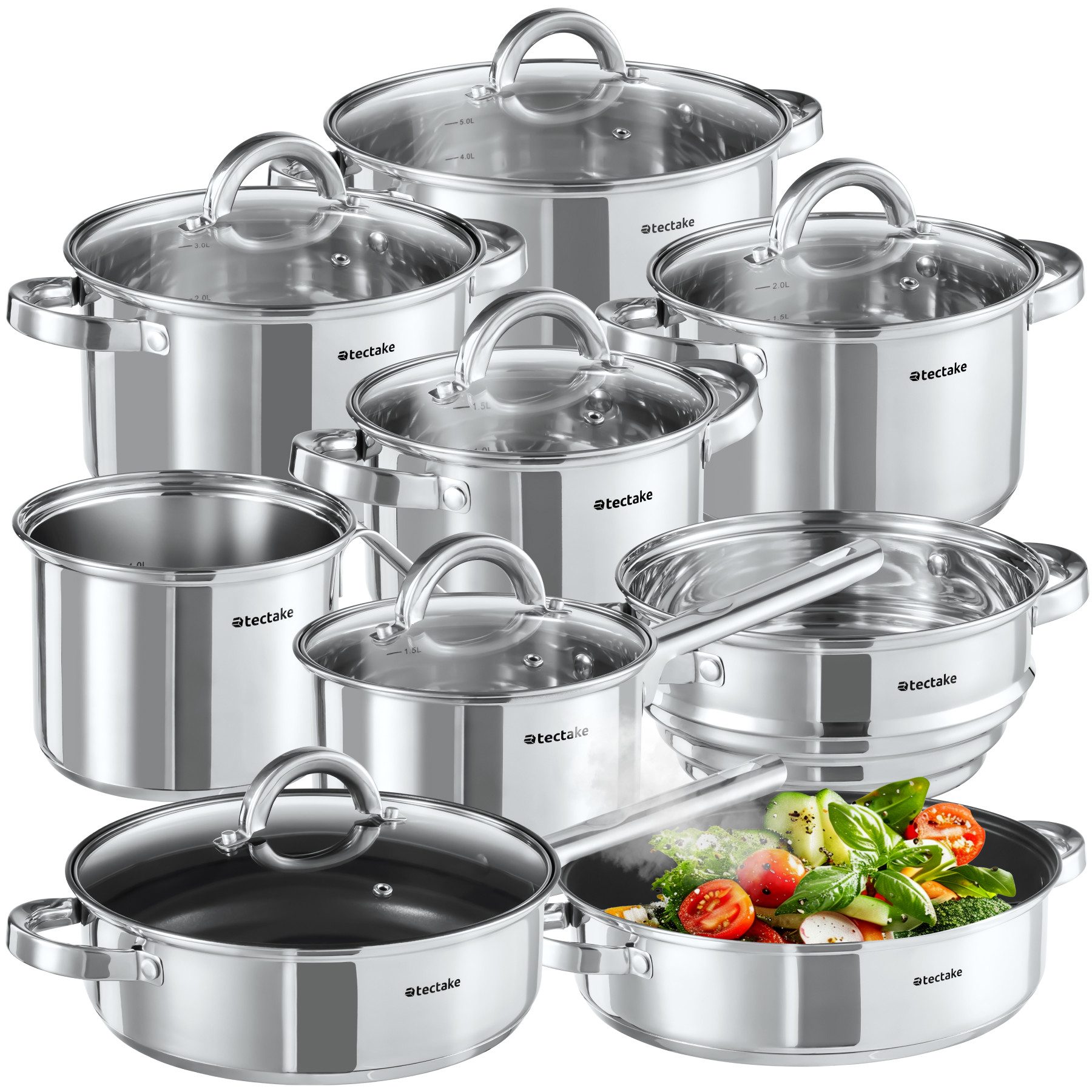 tectake Topf-Set Kochtopfset aus Edelstahl 15-teilig, Messskala in den Töpfen, Edelstahl (Topfset Induktion Turin, 15-tlg., in silber), für Induktion geeignet, mit Antihaftbeschichtung, spülmaschinenfest