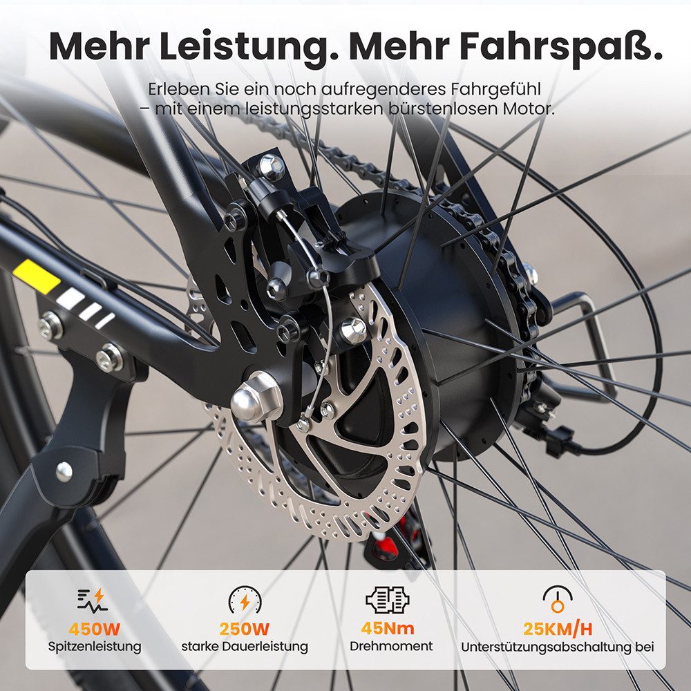 Touroll E-Bike U1 Trekkingrad mit 250-W-Motor, 468 Wh Akku, 21 Gang Shimano, Heckmotor, 468 Wh, 65 km Reichweite, 21‑Gang Shimano, Scheibenbremsen – Bild 4 von 5