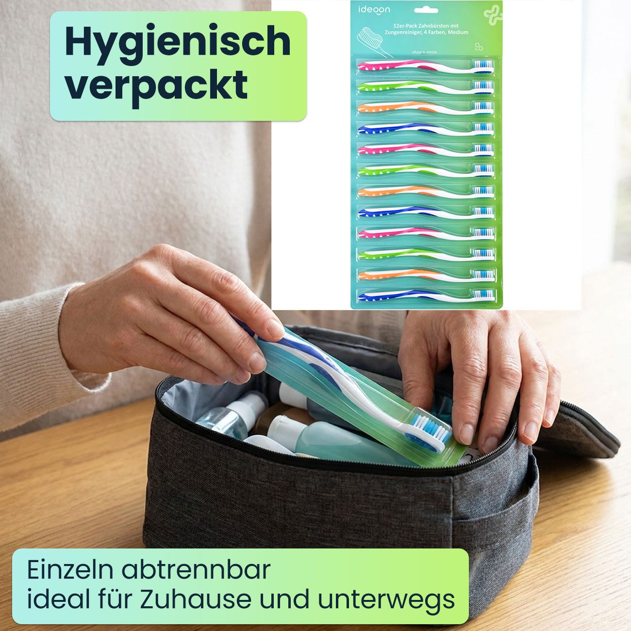 shop'n smile ideoon Zahnbürste Handzahnbürsten Set Soft mit Zungenreiniger, 12er- / 24er-Pack, Zahnbürsten-Familienpackung mit Wellenprofil & einzeln verpackt