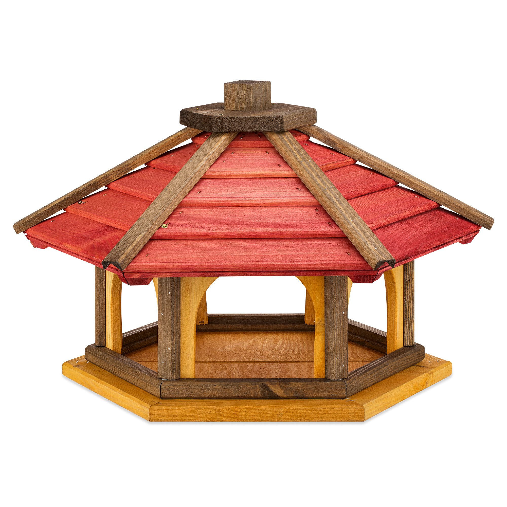 MAZUR Futterstation für Wildvögel aus Holz, wetterfest, 56x44x37 cm, zum Aufstellen, komplett montiert & sofort einsatzbereit, handgefertigt mit rotbraunem Dach
