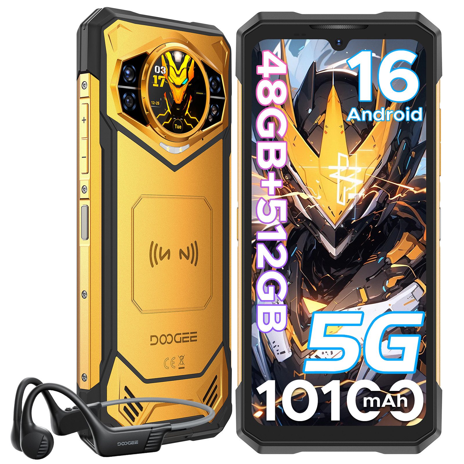 DOOGEE S200X, inkl. Knochenschall-Kopfhörer, 5G 10100mAh Android 16 Outdoor Smartphone (6.72 Zoll, 512 GB Speicherplatz, 100 MP Kamera, 12GB, KI-Assist. & KI-Fotoalb. IP68, 1,32" AMOLED Sekundärdisplay)