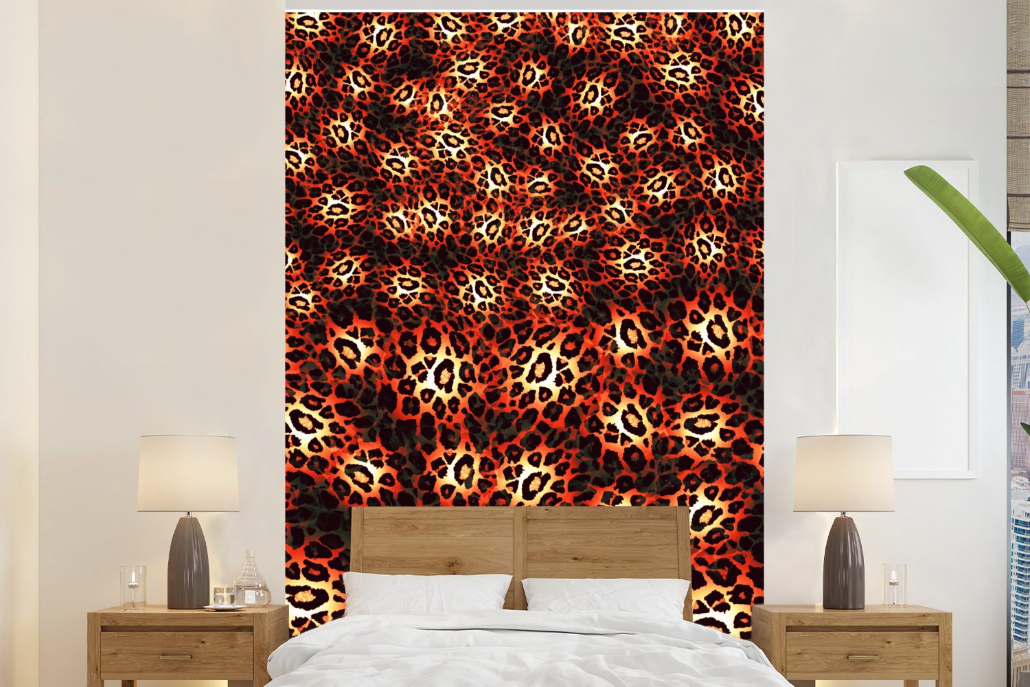 MuchoWow Fototapete Leopard - Muster - Rot, Matt, bedruckt, (3 St), Montagefertig Vinyl Tapete für Wohnzimmer, Wandtapete