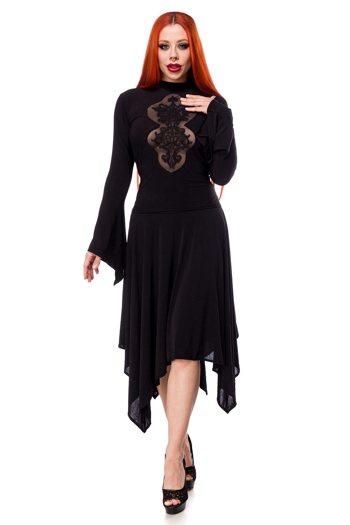 Ocultica Minikleid Schwarzes Gothic Kleid mit Spitzeneinsatz, Trompetenärme günstig online kaufen