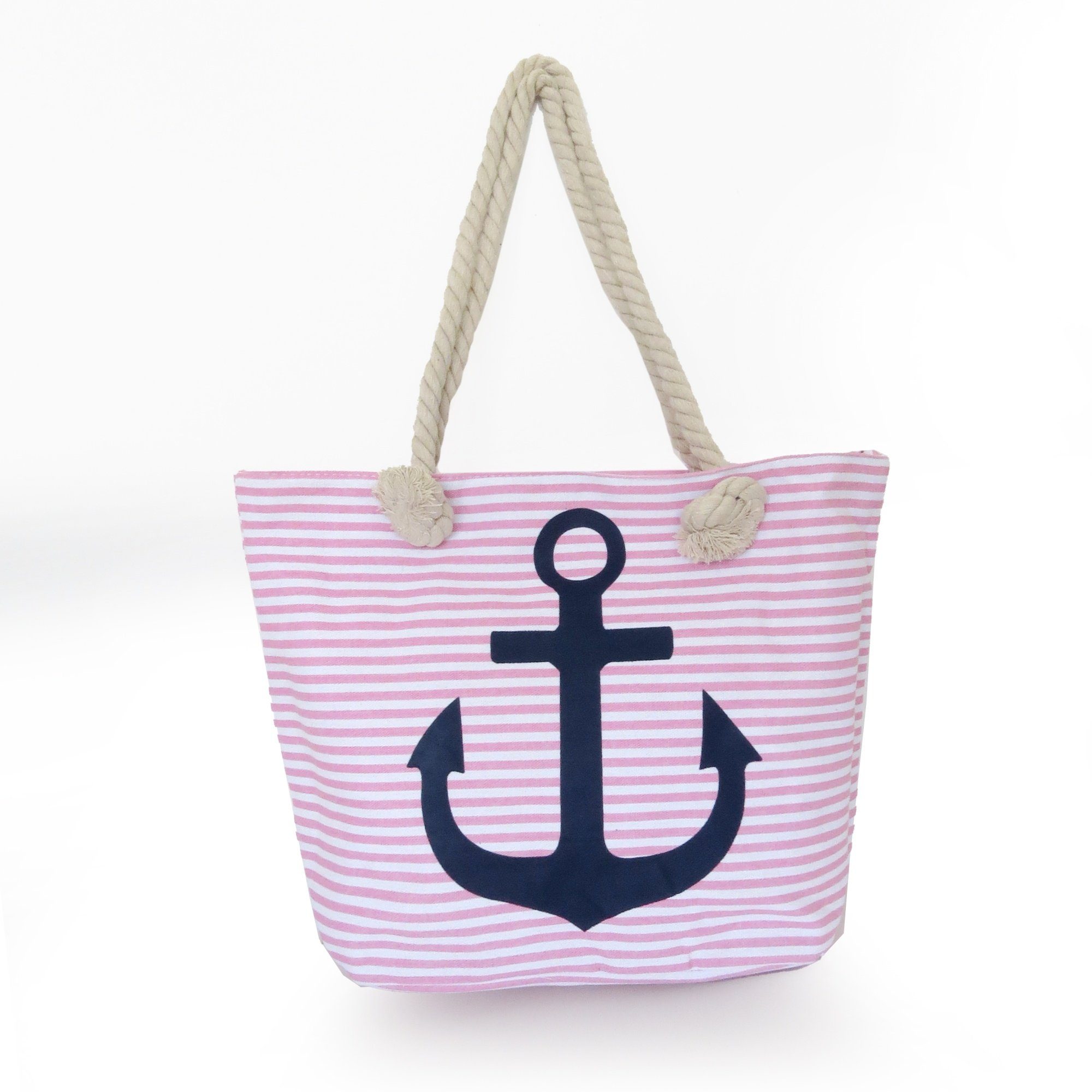 Sonia Originelli Umhängetasche Strandtasche maritim mit Ankerprint Seilkordel Reißverschluss rosa-marine
