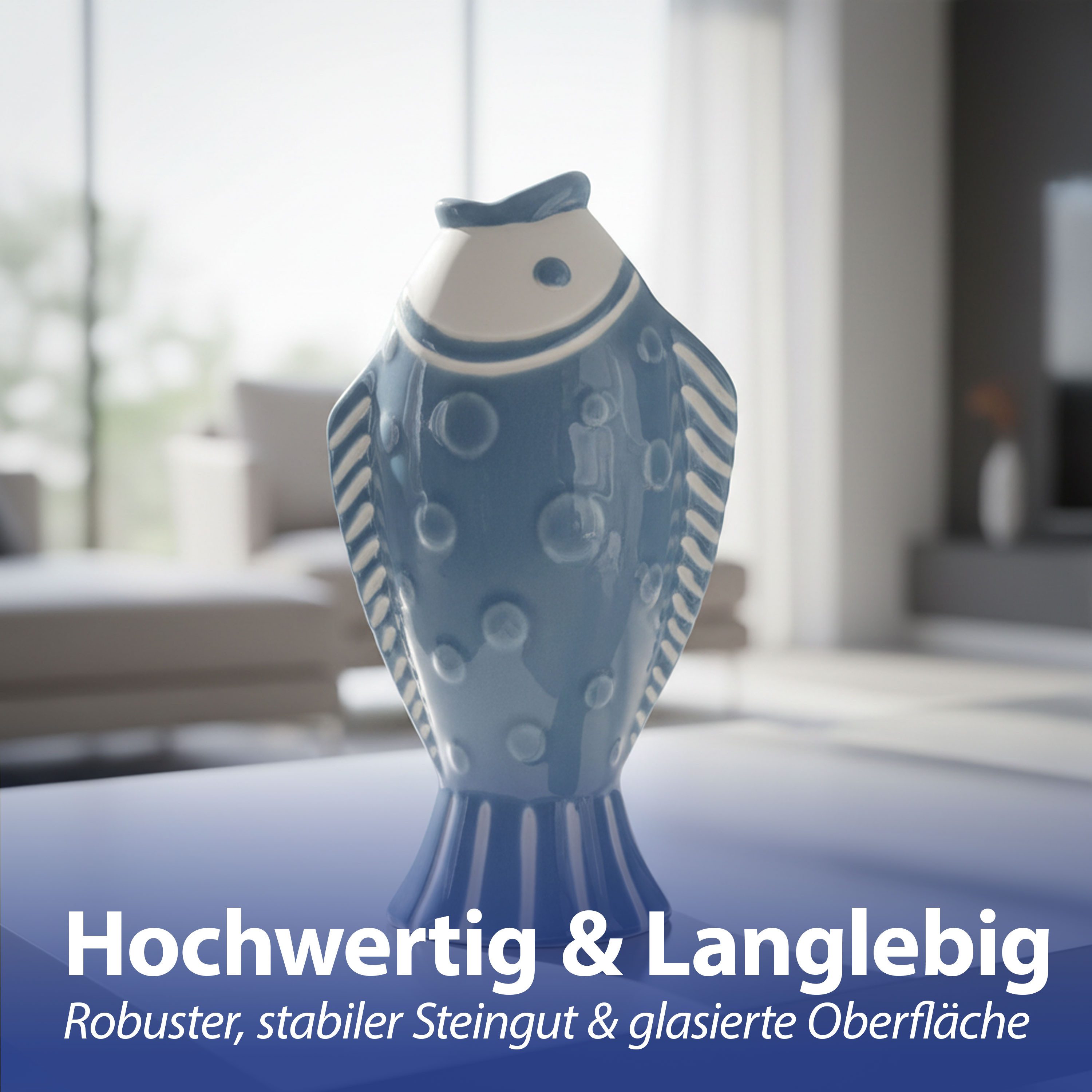 CEPEWA Dekovase Vase Fisch 'Blütenfisch' 7,5x19x10cm Steingut blau Dekovase Fischform – Bild 5 von 5