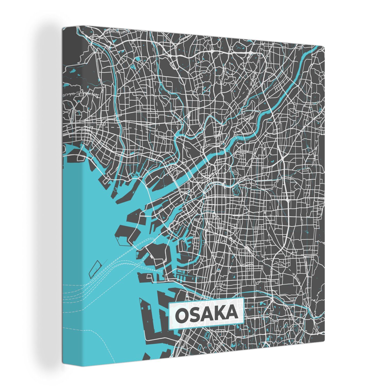 OneMillionCanvasses® Leinwandbild Osaka - Blau - Karte - Stadtplan, (1 St), Leinwand Bilder für Wohnzimmer Schlafzimmer