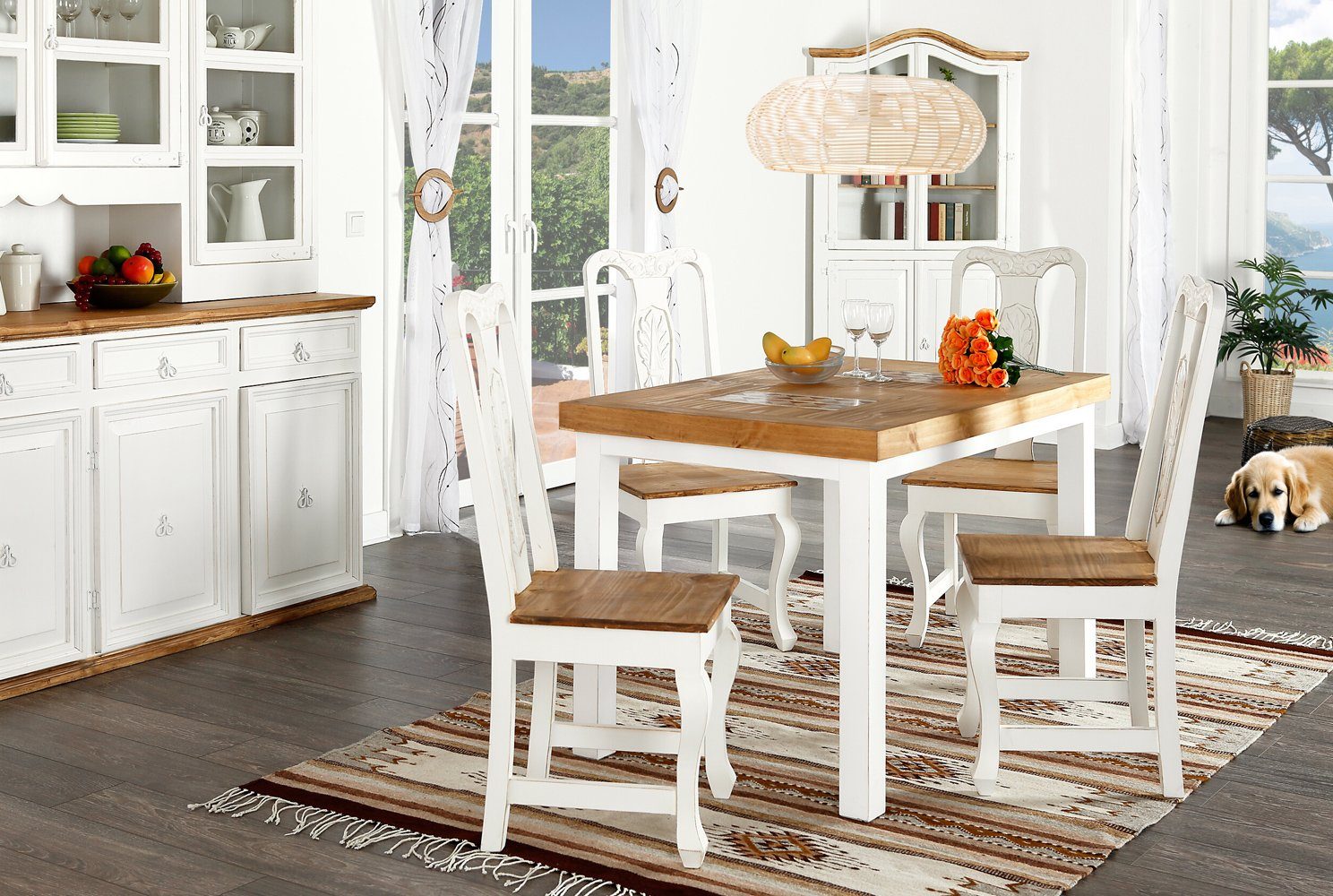 1a Direktimport Esstisch Küchentisch Esstisch Pinie Massivholz Marmor - Landhaus - weiß