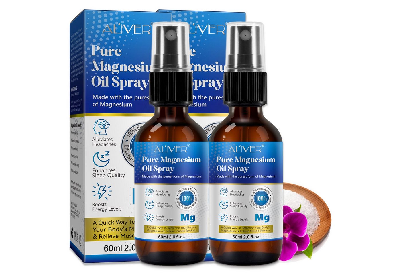 ALIVER Gesichts- und Körperspray Pure Magnesiumöl Spray für Sport Muskel Entspannung 60ml, 2-tlg., 60ML