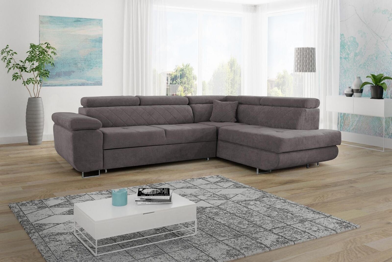 Modern, JVmoebel Luxus Bettfunktion Polster Mit L-form Grau Sofa Textil Möbel Ecksofa Wohnlandschaft Ecksofa