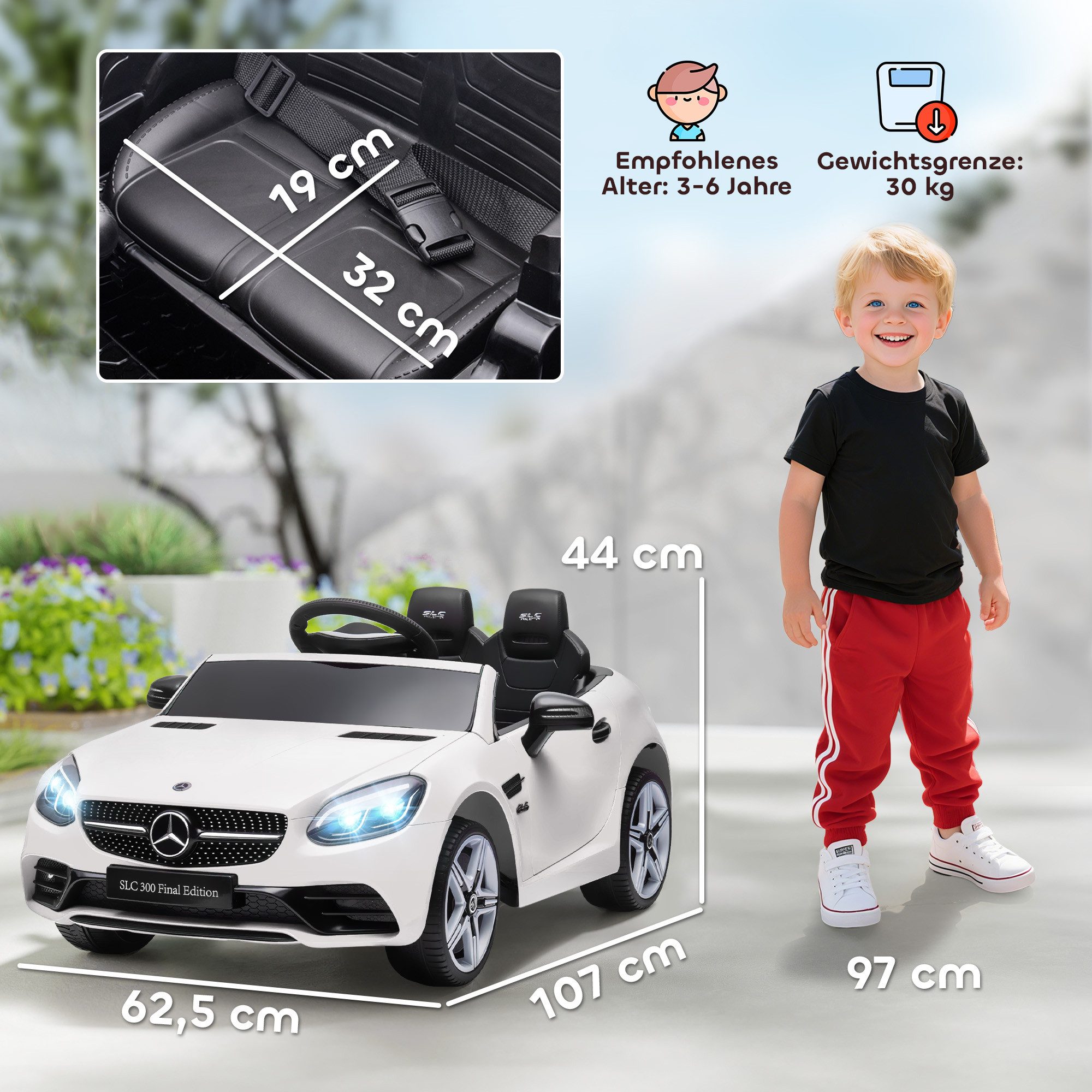AIYAPLAY Elektro-Kinderauto Elektrofahrzeug mit LED, Sicherheitsgurt, Hupe, Musik, Weiß, Belastbarkeit 30 kg, (1-tlg), 107 x 62,5 x 44 cm