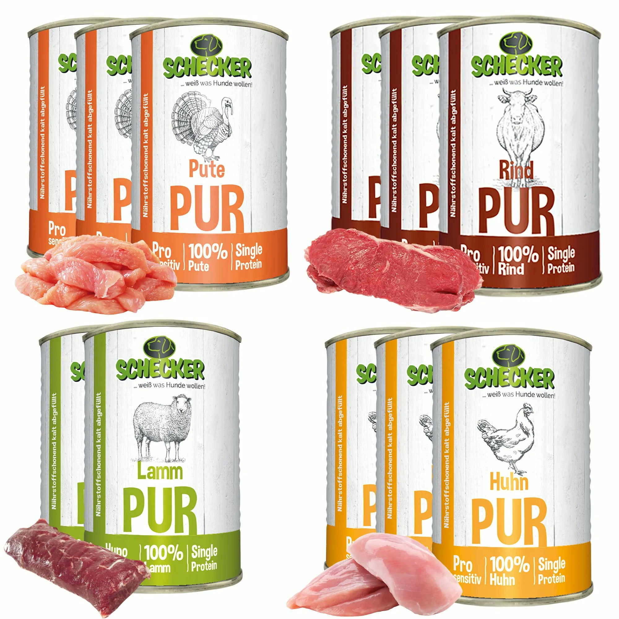 Schecker Schecker Nassfutter - Fleisch PUR 11er, 11 x 410g, 4510g, ohne Farbstoffe, ohne Konservierungsstoffe, ohne Geschmacksverstärker