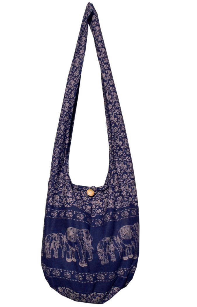 PANASIAM Umhängetasche Schulterbeutel Elefant Schultertasche aus 100% Baumwolle in 2 Größen, Beuteltasche als Wickeltasche Handtasche oder Strandtasche geeignet dunkel blau