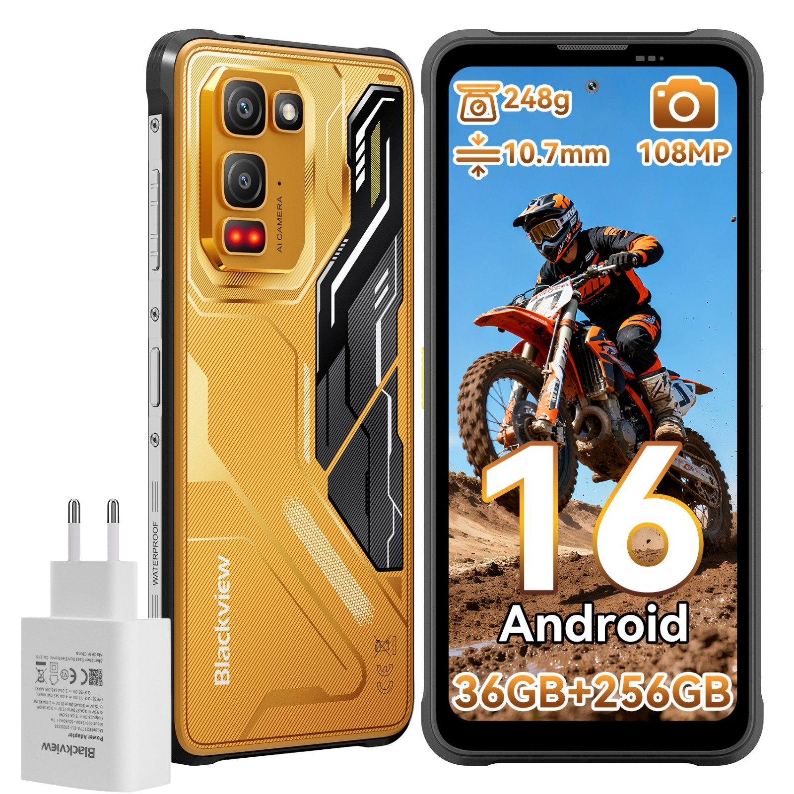 blackview Android 16, 108 MP Hauptkamera, AI inkl. 45W Outdoor Handy (6,78 Zoll, 256 GB Speicherplatz, 108 MP Kamera, Amdroid 16, 108MP, 120Hz, IP68/IP69K, NFC, Night vision)
