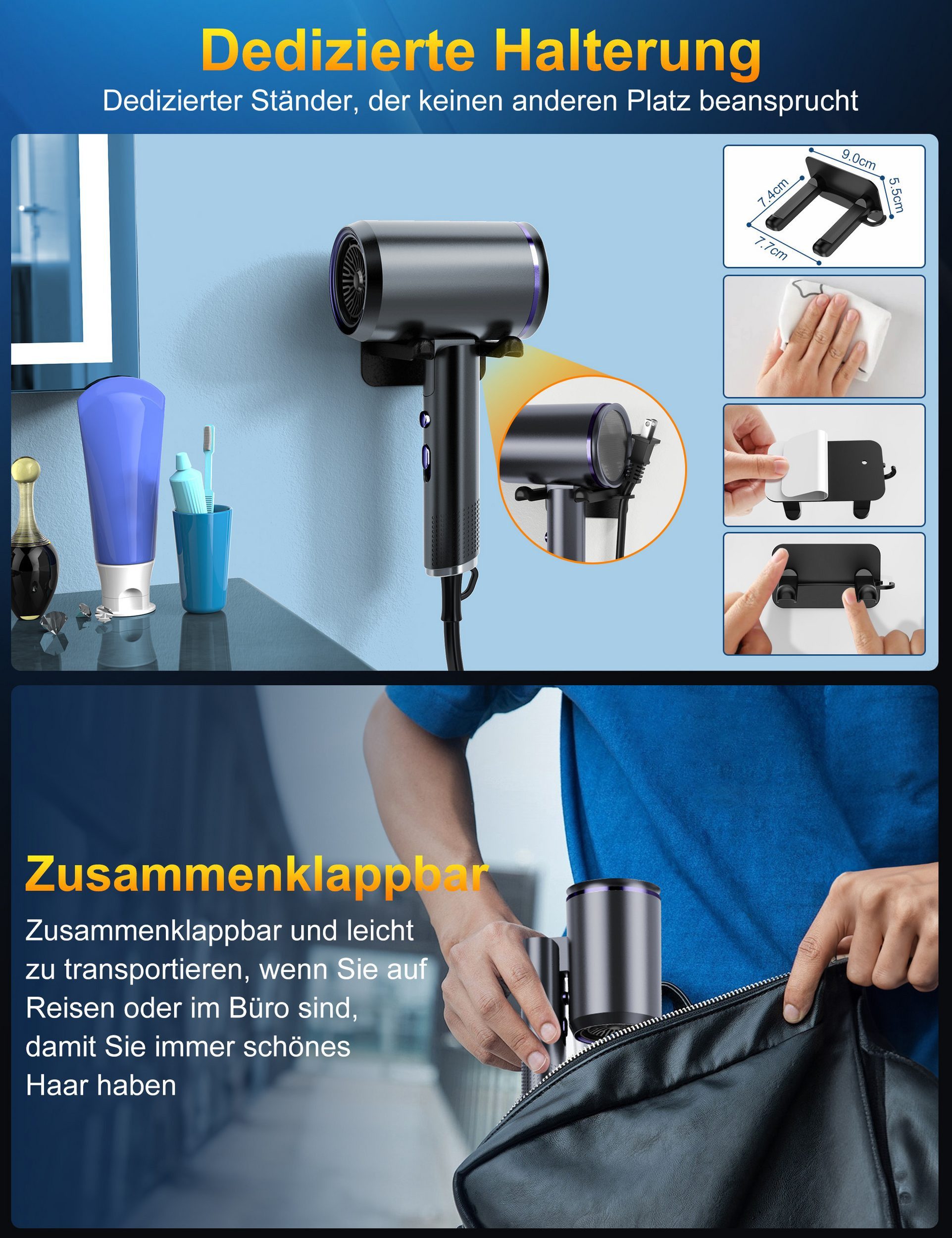 Fyrove Ionic-Haartrockner Föhn,Ionen-Haartrockner 2500W, klappbar, 3 Stylingdüsen, 2400 W, 2 Gebläsestufen, Reise-Föhn, Reiseföhn Hairdryer – Bild 5 von 5