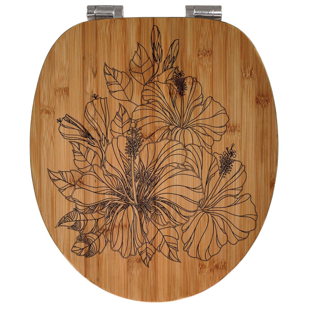 banjado WC-Sitz Bambus mit Gravur Hibiskus (umweltfreundliches Material, integrierte Absenkautomatik), 45,8 x 37,5 x 5 cm
