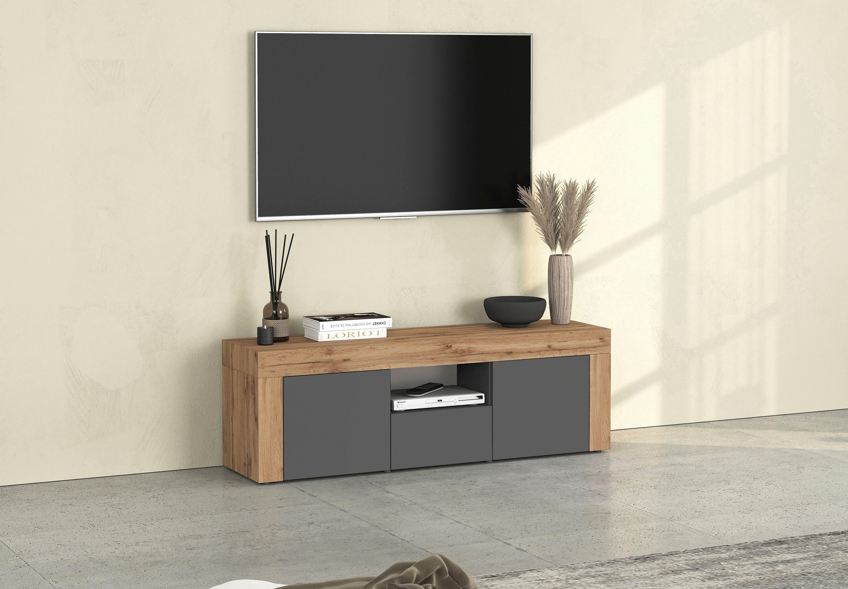 OTTO home Lowboard CHRONOS Breite 155 cm mit 2 Türen, 1 Schublade,1 offenes Fach (1 St), TV-Board, Sideboard niedrig, Grifflos mit Push to Open 'Made in Italy'