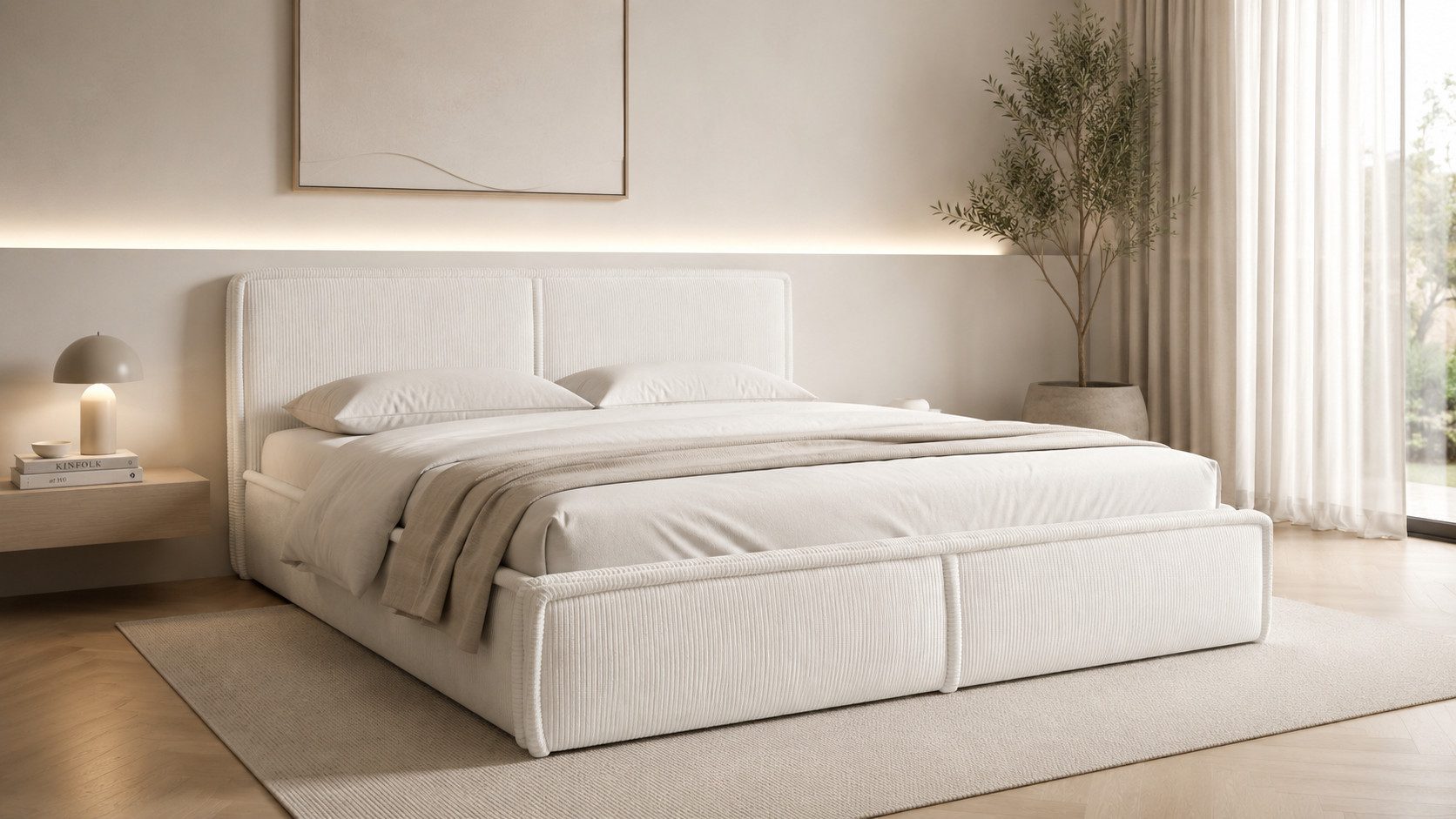 MOEBLO Polsterbett BETT 04 (Bezug: aus Cord, Doppelbett mit Kopfstütze, Rahmenbettgestell 140x200, mit Bettkasten und Lattenrost), mit Bettkasten
