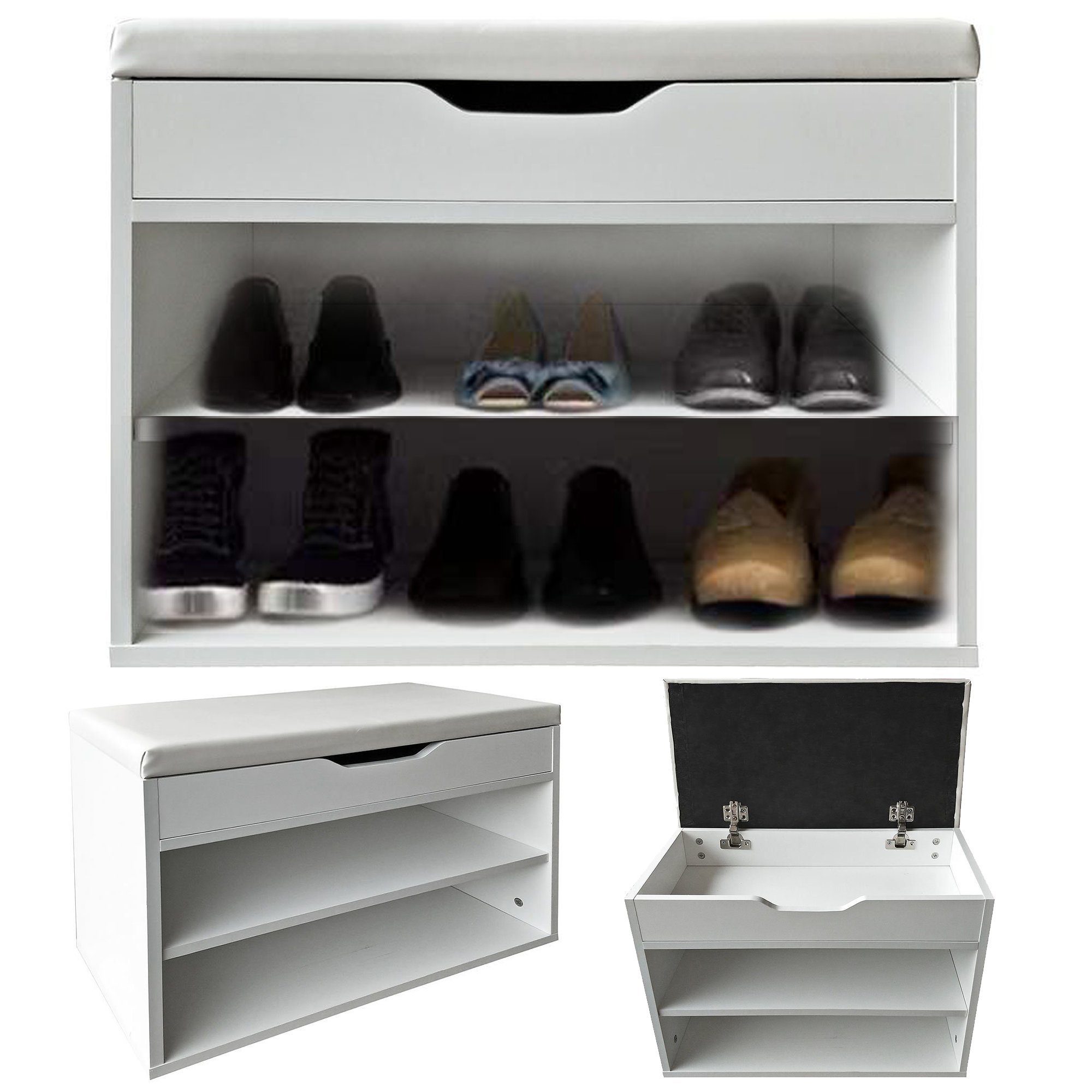 Melko Schuhbank Schuhablage Schuhregal Weiß Grau 60cm Flurkommode Garderobe Sitzbank (Stück), Langlebig