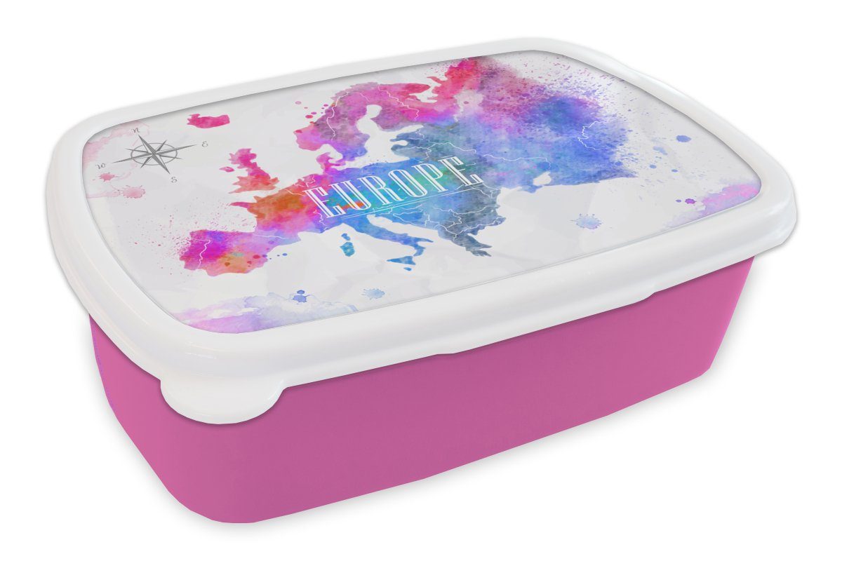 MuchoWow Lunchbox Farben - Wasserfarben - Europa, Kunststoff, (2-tlg), Brotbox für Erwachsene, Brotdose Kinder, Snackbox, Mädchen, Kunststoff rosa