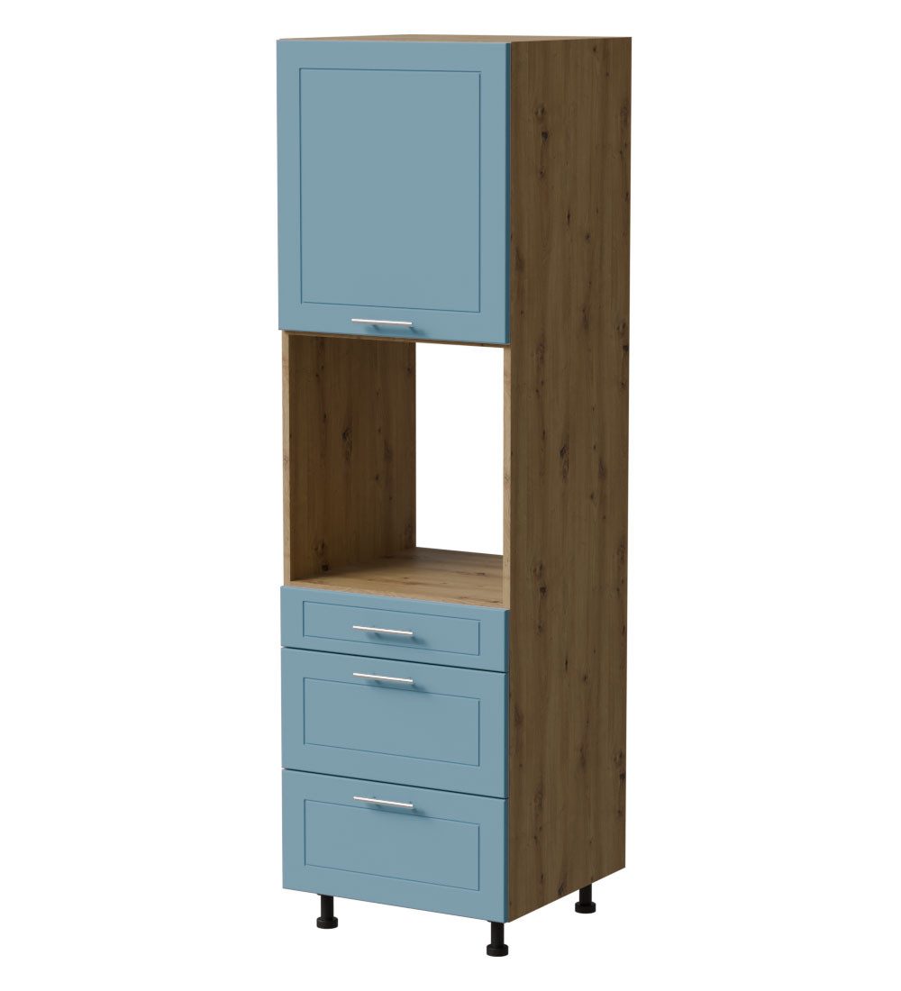 Feldmann-Wohnen Backofenumbauschrank Bari (D14/RU/3R, 1 Gerätefach, 3 Schubladen, REJS Comfortbox Teilauszug, 1-St., moderne Kassettenoptik, lackierte Fronten, 60x59x207cm) Eiche Artisan / RAL 5024 pastellblau matt