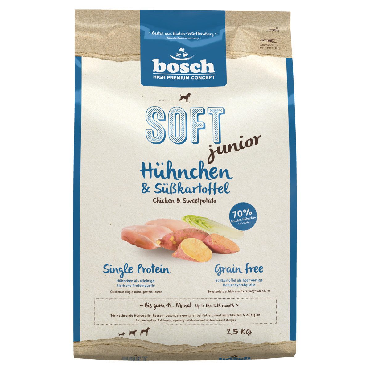 Bosch Petfood SOFT Junior mit Hühnchen & Süßkartoffel 2,5 kg, Trockenfutter für: Hund