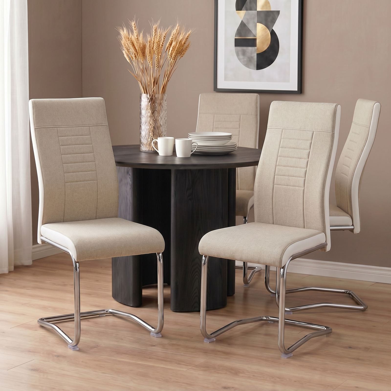 CARO-Möbel Esszimmerstuhl ALBA (4 St), Küchen Schwingstuhl Stoffbezug gepolstert mit Metallgestell Beige/Weiß