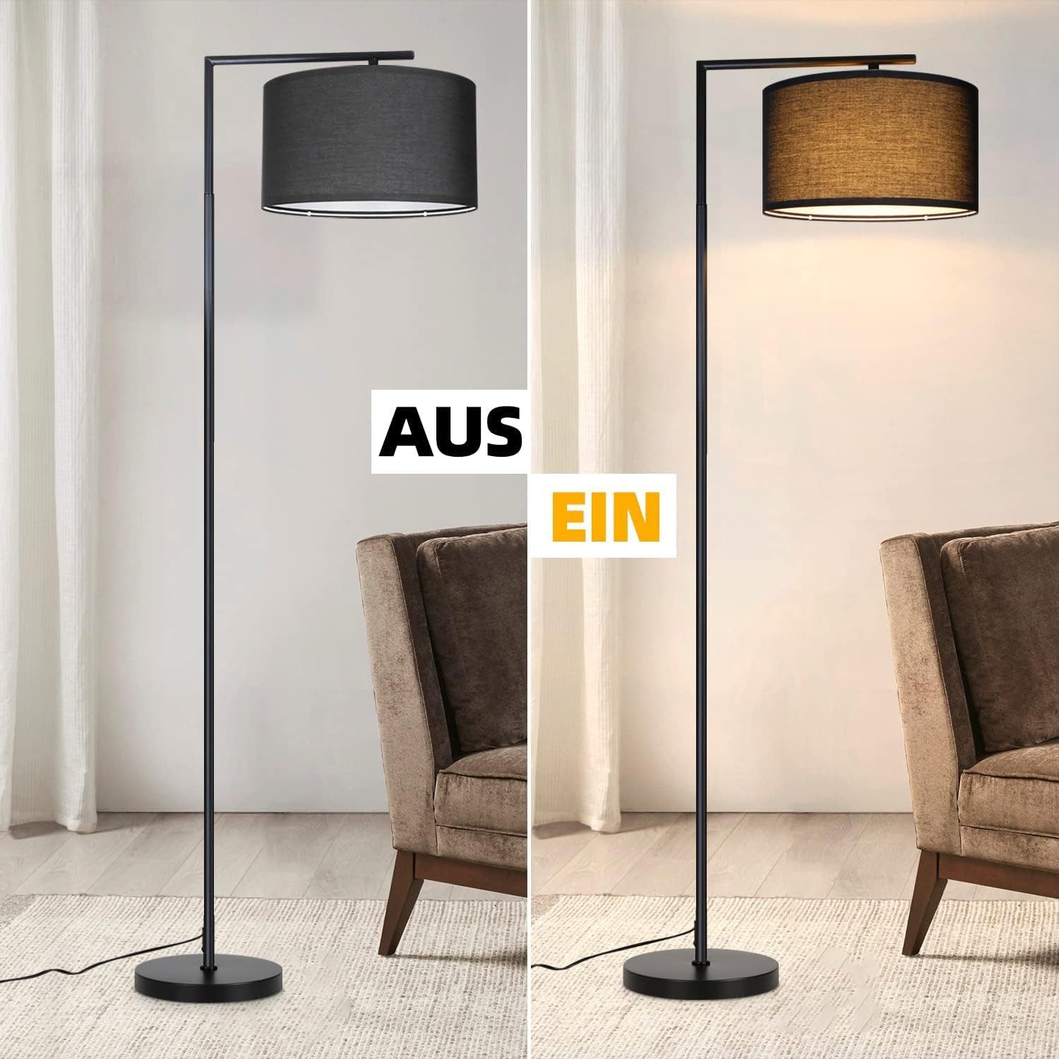 Nettlife Stehlampe Wohnzimmer Vintage Weiß/Schwarz Stoffschirm E27 Bogenlampe Leselampe, mit Fußschalter, LED wechselbar, Schlafzimmer Wohnzimmer Arbeitszimmer