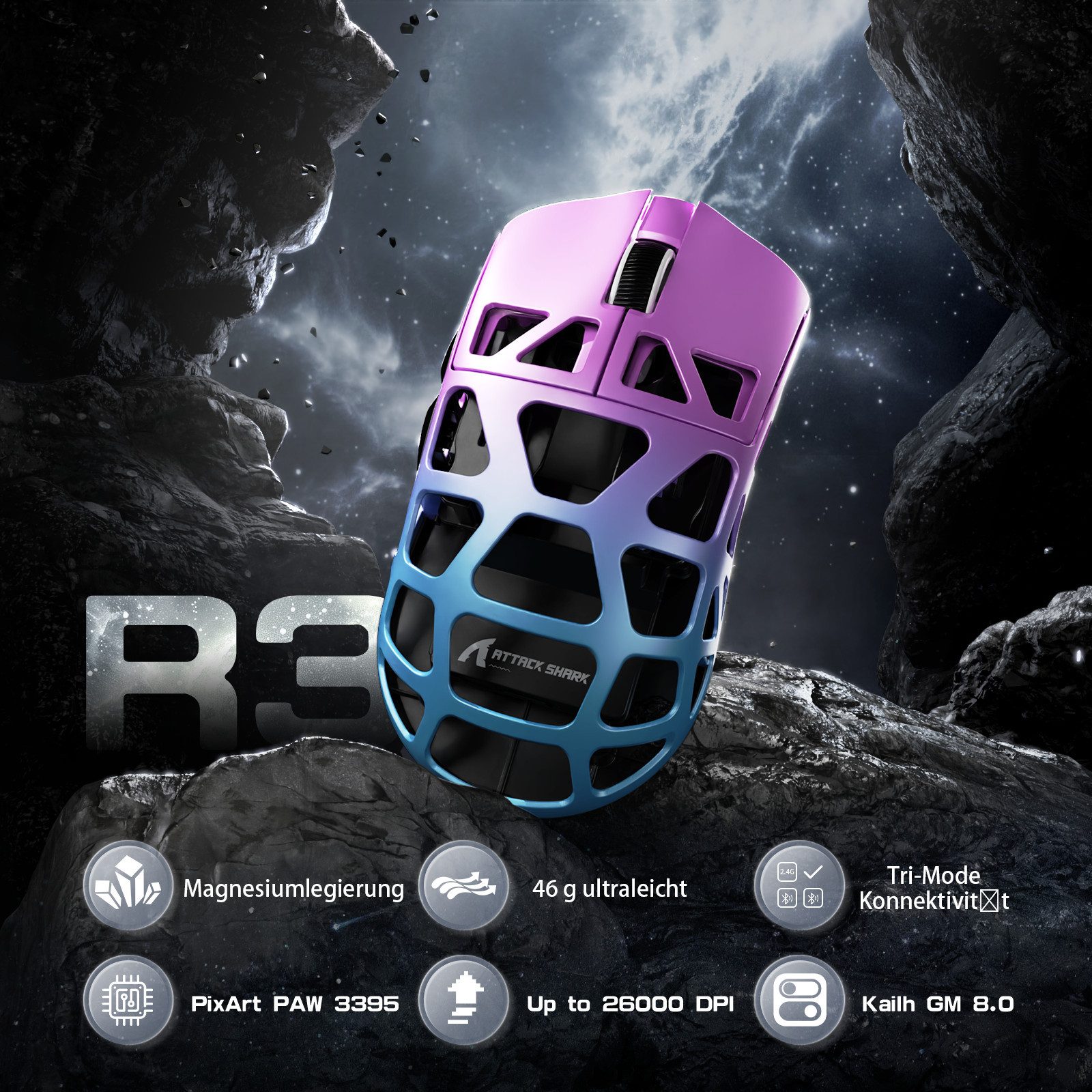 ATTACK SHARK R3 Kabellose Gaming-Maus aus Magnesiumlegierung, 8kHz, 48g Gaming-Maus (2.4G, Bluetooth, USB-C, 26000 dpi, PAW3395-Sensor,46g,8000hz,Magnesiumlegierung)