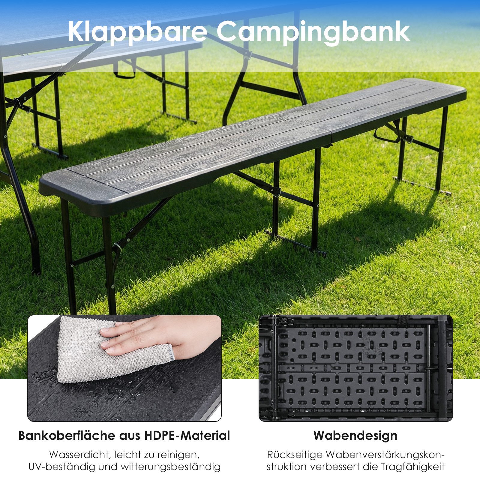 TLGREEN Gartenbank 2pcs Bierbank Klappbar 181cm, Campingbank Faltbar mit Tragegriff (Bierzeltbank bis 500kg Belastbarkeit, Gartenbank aus HDPE & Stahlgestell), Wetterfeste Partybank für Grill/Camping/Garten