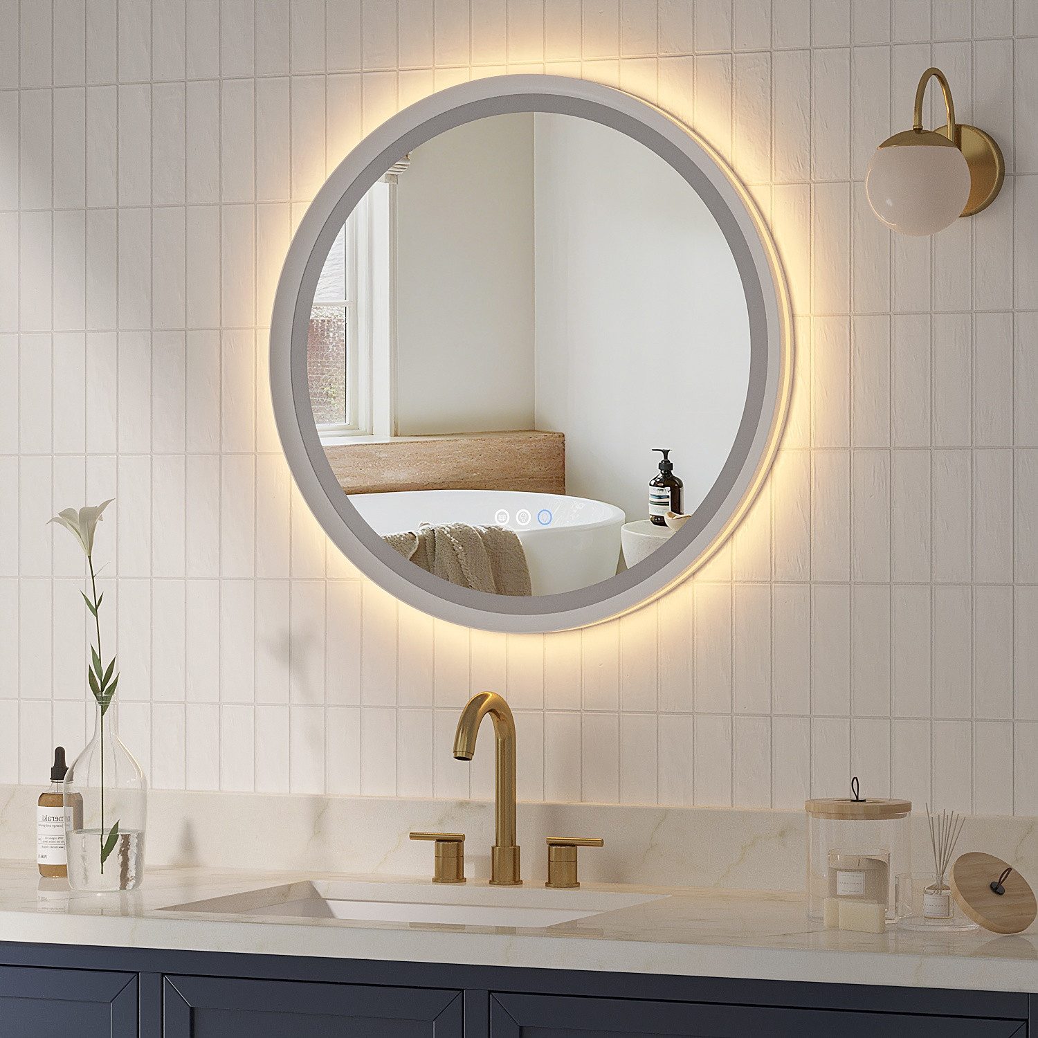 AQUALAVOS Rahmenspiegel-rund Badspiegel mit Beleuchtung Rund 60 cm Aluminiumrahmen Touch Schalter, LED Beleuchtung Dimmbar Kaltweiß & Warmweiß Touchschalter Alu-Rahmen