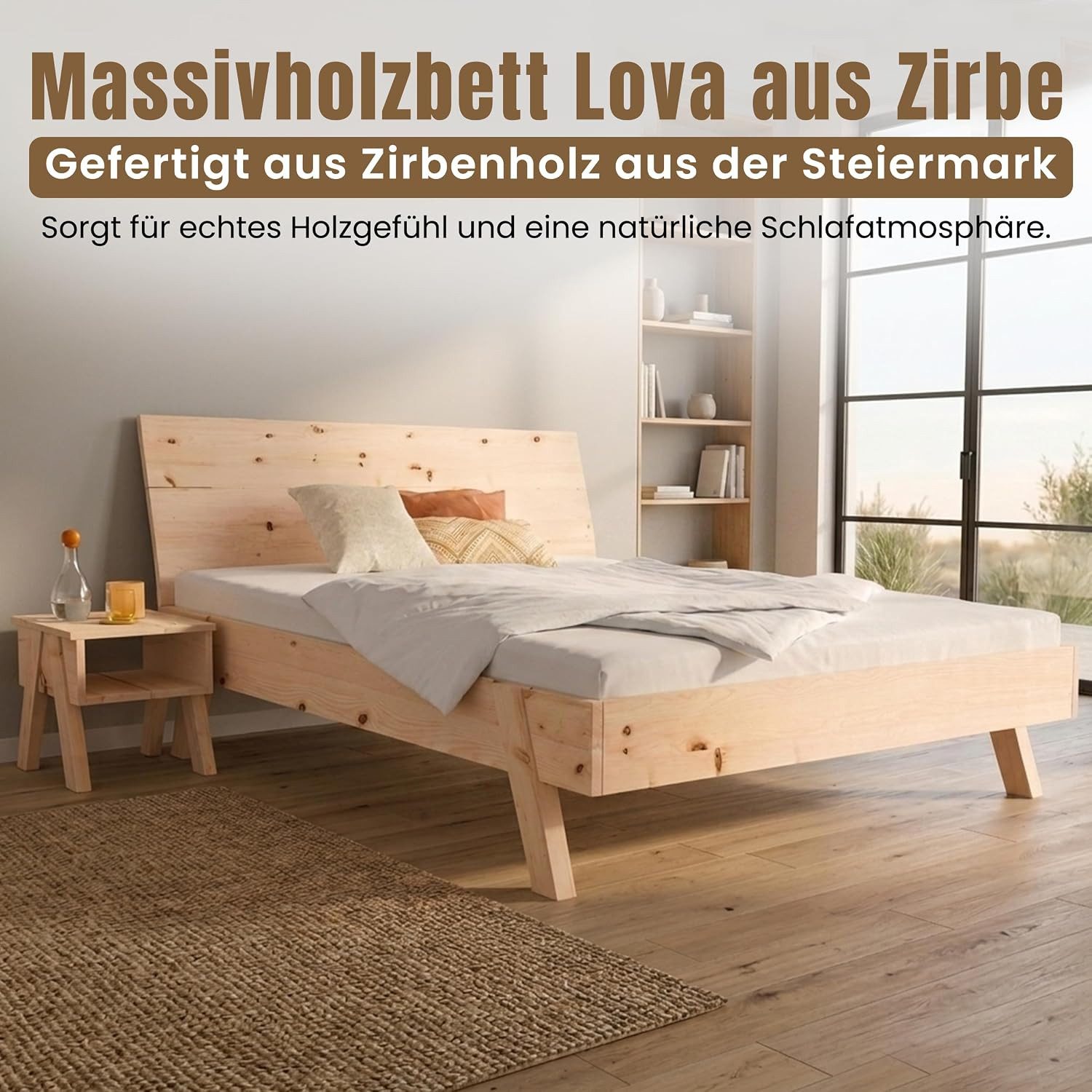 geborgenschlafen Massivholzbett aus Zirbenholz - Zirbenholzbett – modernes Zirbenbett, Metallarme Konstruktion - made in Germany