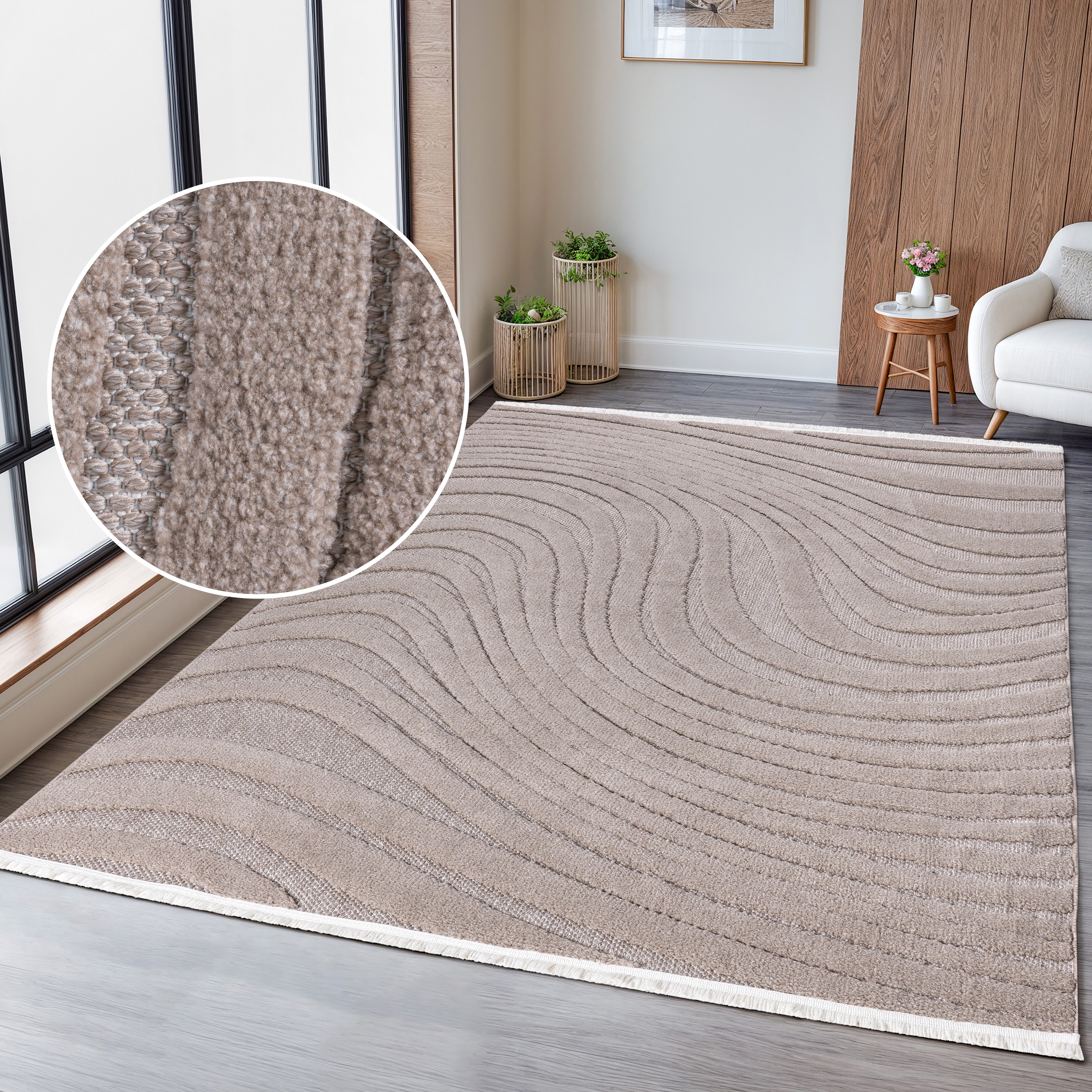 OTTO home Teppich Samelia mit Fransen, Wellendesign, Balkon, Camping, rechteckig, Höhe: 6 mm, Hoch-Tief-Struktur, In- und Outdoor geeignet für Küche oder Esszimmer