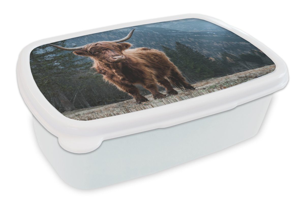 Kinder Natur, - Kuh für - Berg Kunststoff, Bäume Lunchbox - und Brotdose, Mädchen weiß und Schottische - - für Erwachsene, Highlander Landschaft MuchoWow Brotbox Jungs (2-tlg),