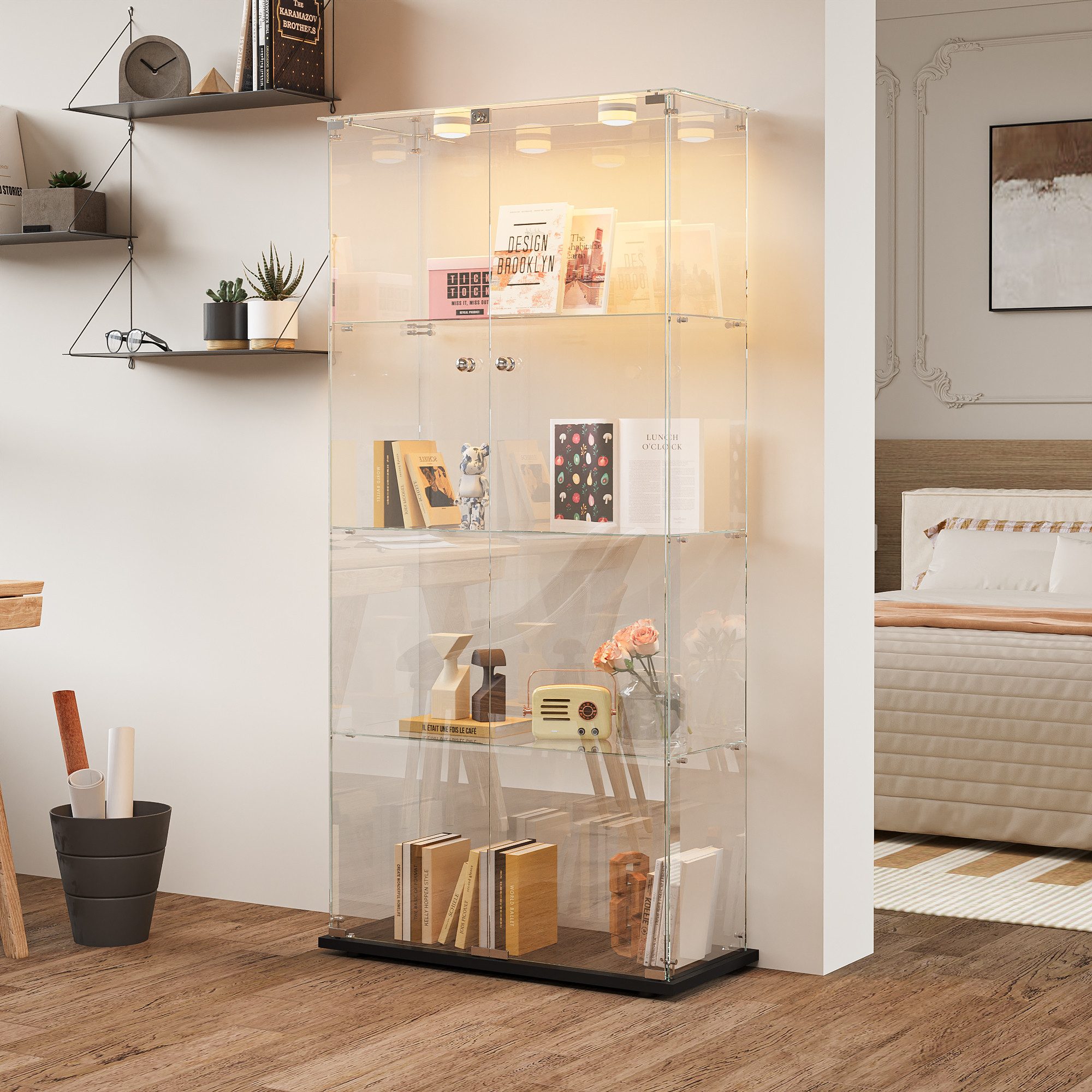 FUROKOY Glasvitrine Standvitrinen, Vitrine aus gehärtetem Glas (Vitrinenschrank mit 2 Glastür und Beleuchtung für Sammler, Bücher) 4 Lagen Sammlervitrine, Schwarz