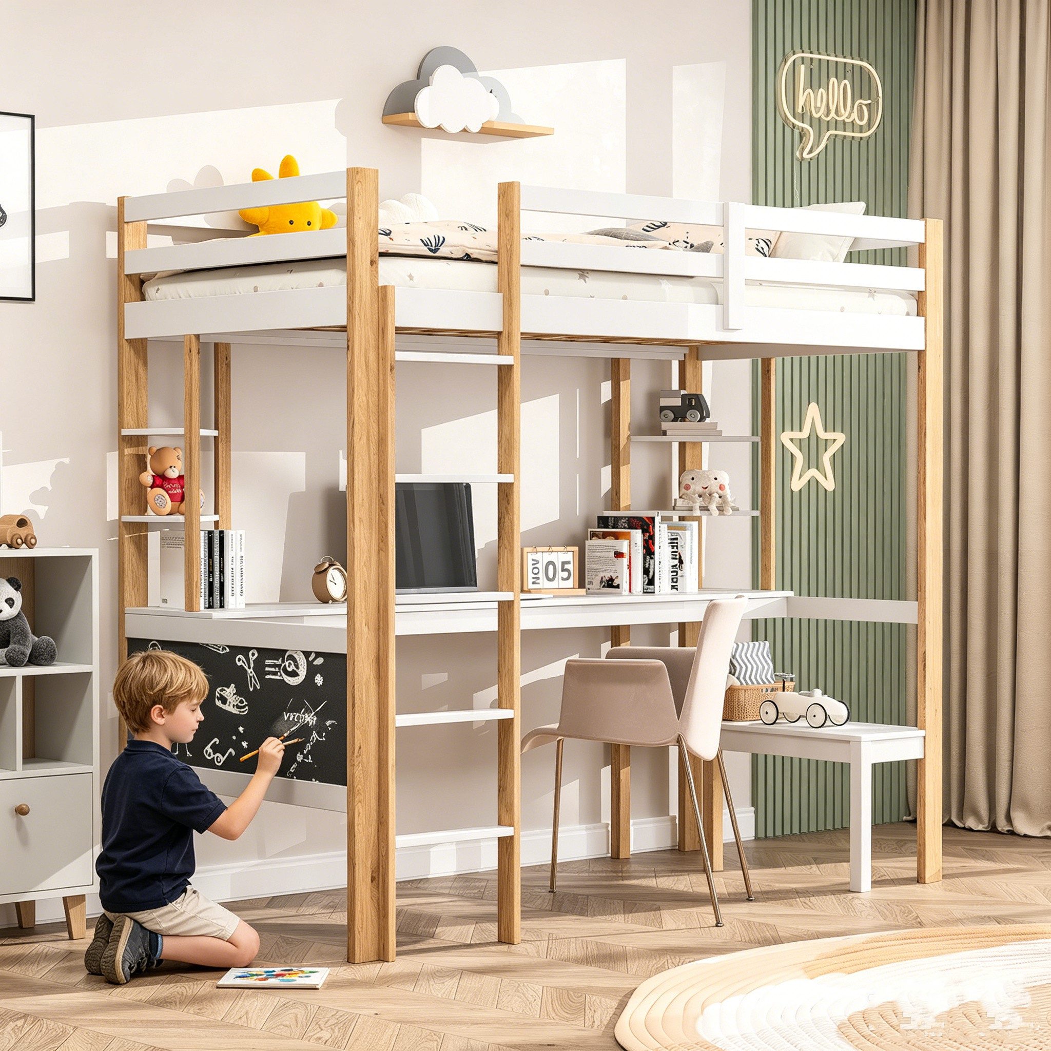 Simurq Hochbett Jugendbett 90x200 cm, Etagenbett, kinderbett mit Schreibtisch, Stabiles Massivholz Hochbett – Bild 5 von 5