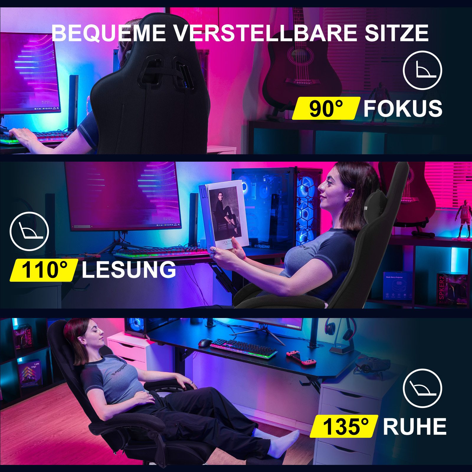 GTPLAYER Gaming-Stuhl Bürostuhl Gaming Stuhl Massage Ergonomischer Gamer Stuhl, mit Massage-Lendenkissen Fußstütze, Kopfstütze – Bild 5 von 5