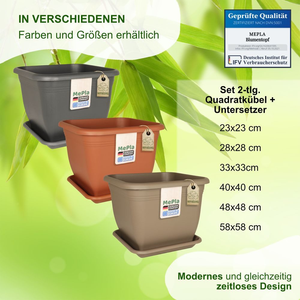 Heimwerkercenter Blumentopf MePla Blumentopf Quadrat 23x23cm, Untersetzer 20x20cm Terra, Kunstoff
