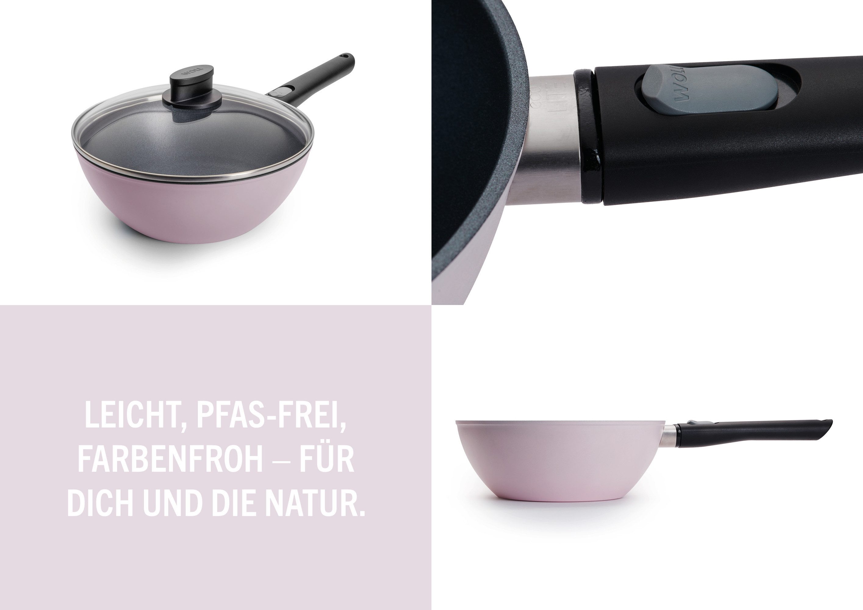 WOLL MADE IN GERMANY Wok Ecolour Ø 24 cm inkl. Deckel, Aluminiumguss (Set, 2-tlg), abnehmbarer Stiel