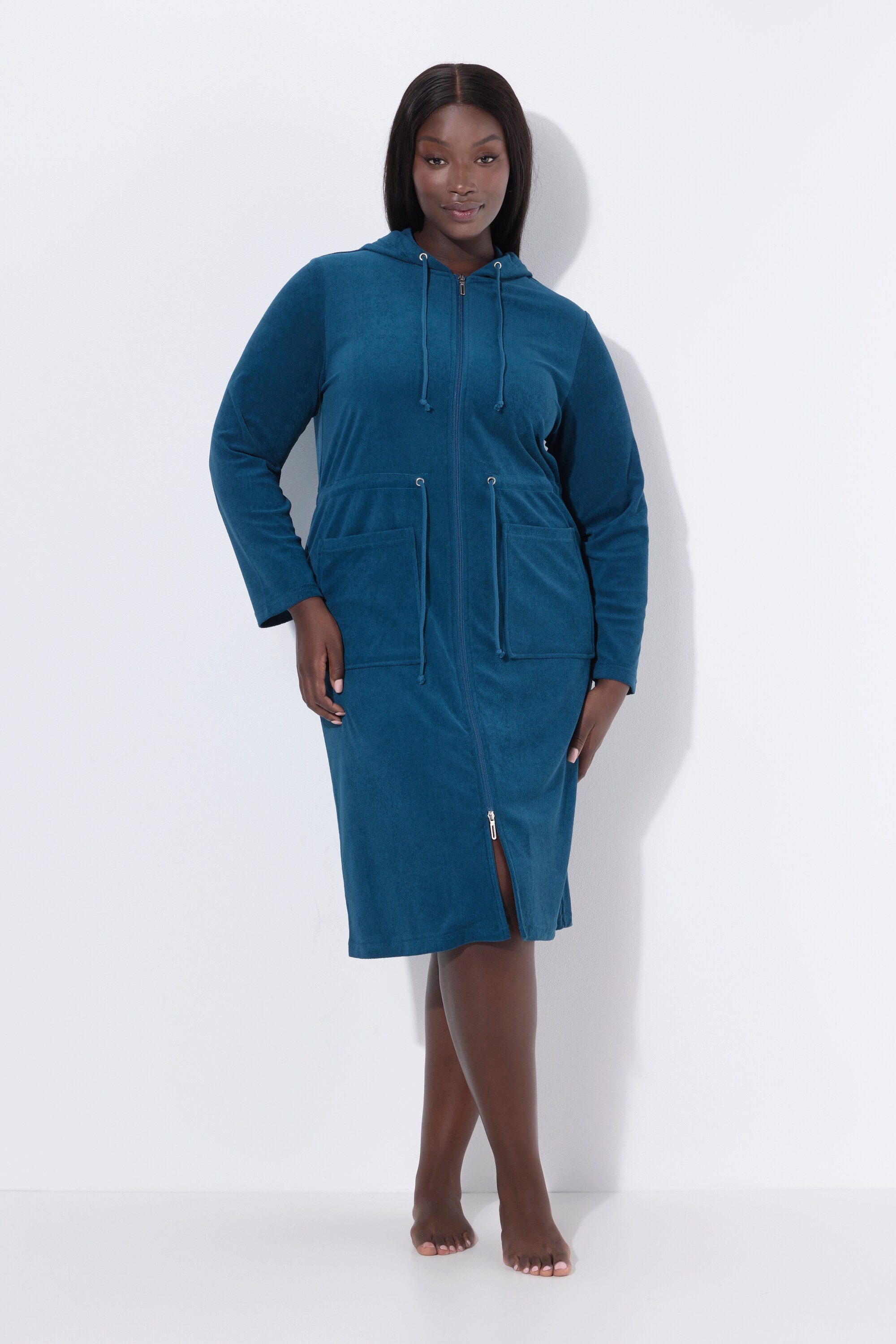 Ulla Popken Bademantel Bademantel 2-Wege-Zipper Kapuze Frottee, knielang, Materialmix