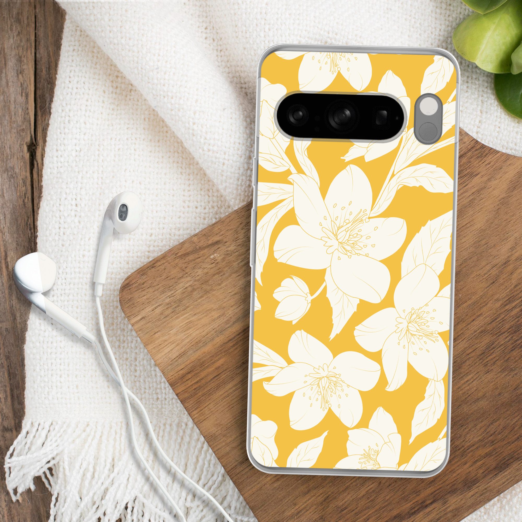 MuchoWow Handyhülle für Google Pixel 8 Pro Blumen - Muster - Gelb - Weiß, Phone Case, Silikon, Schutzhülle Dünn