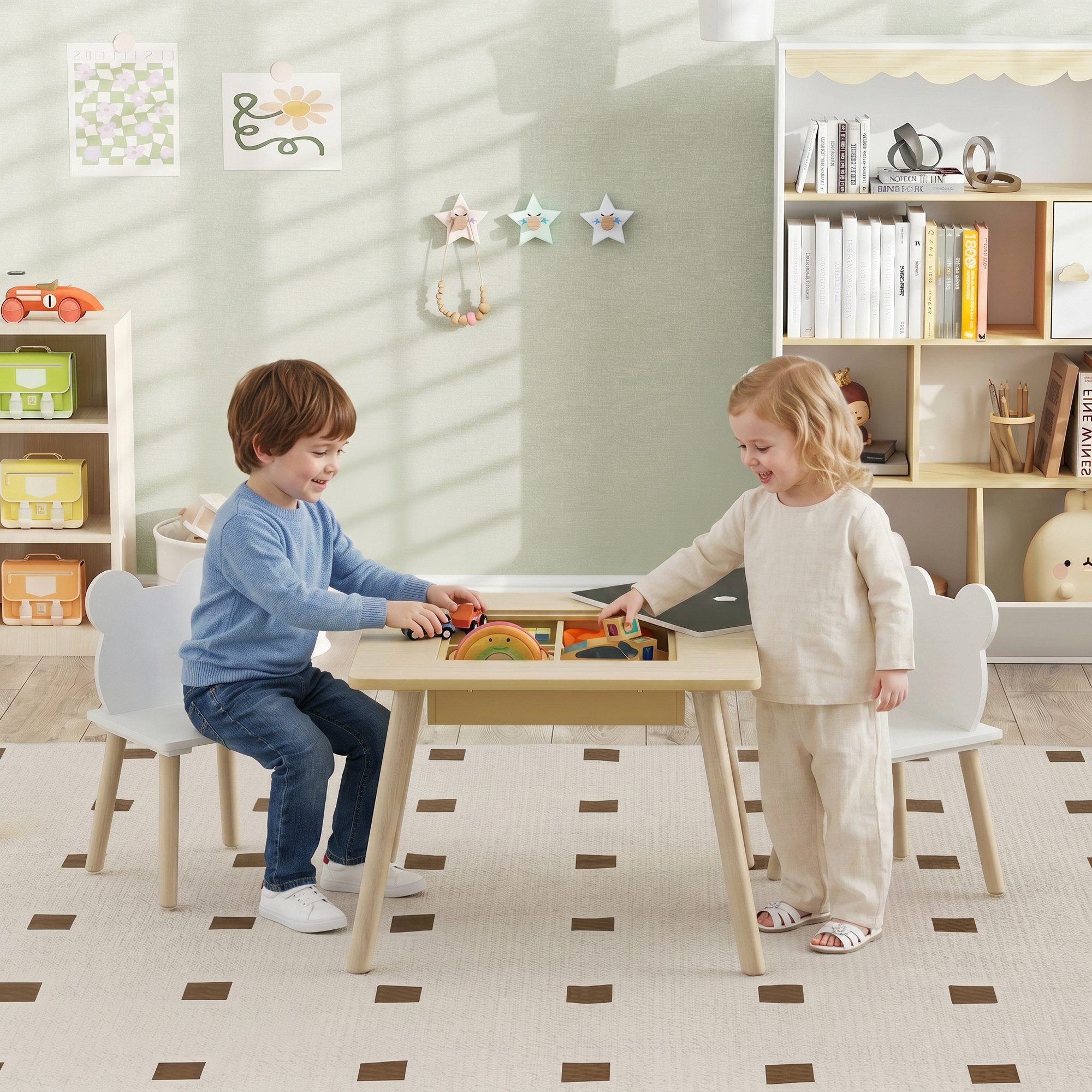 AIYAPLAY Kindersitzgruppe Kindertisch mit 2 Stühle, Stauraum, klappbare Tischplatte, (Kindertisch mit 2 Stühlen, 3-tlg., Kinder Tisch Stuhl Set), für Kinderzimmer, für 3-6 Jahre Kinder, Naturholz