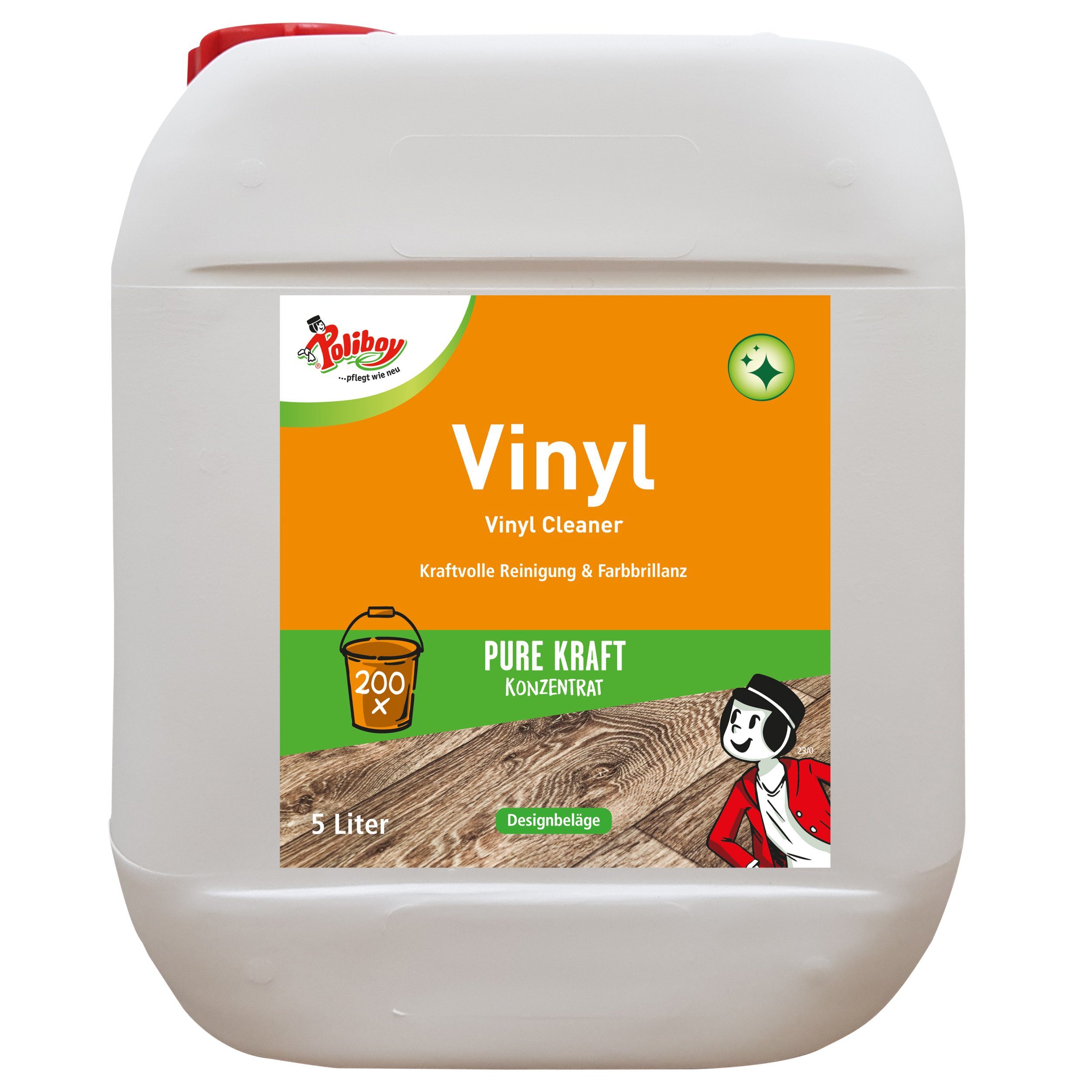 poliboy Pflege Konzentrat - 5 Liter - Vinyl- und Designbodenreiniger (zur kraftvollen Reinigung von Kunststoffböden - Made in Germany)