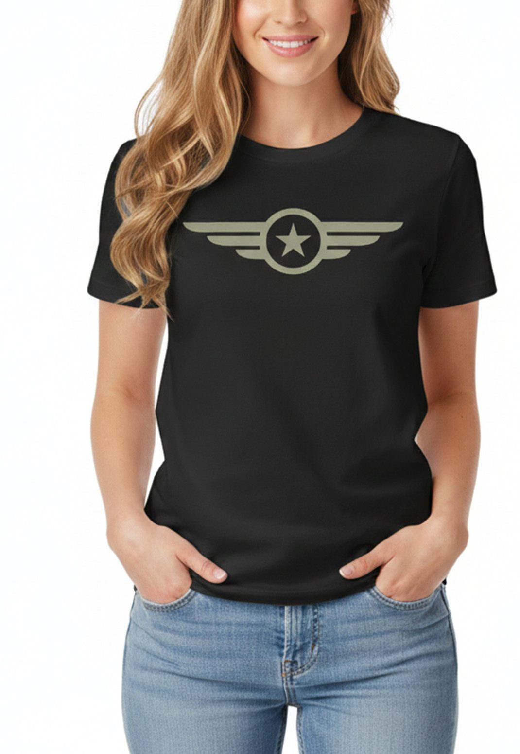 MAKAYA T-Shirt Military Top für Damen - USA Stern Navy und Army Style (Schwarz, S, M, L, XL) Baumwolle