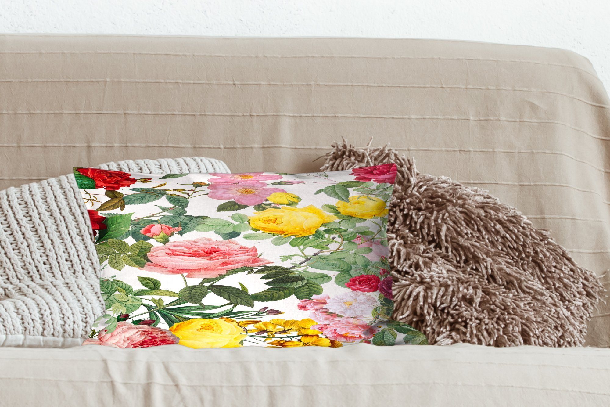 MuchoWow Dekokissen Schlafzimmer - Weiß, Dekoration, Gelb Wohzimmer - Rosa Zierkissen, mit Dekokissen Füllung, - Blumen