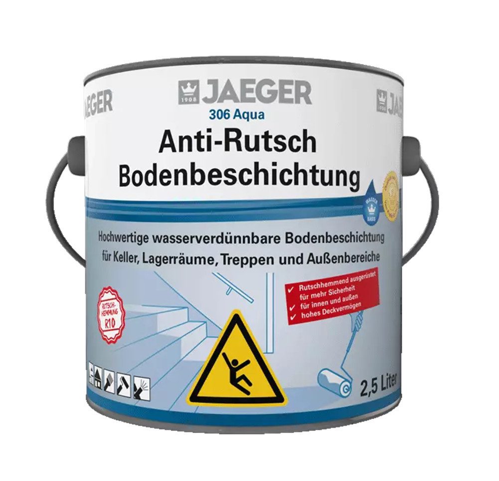 Jaegerlacke Bodenversiegelung Aqua Anti-Rutsch Bodenbeschichtung 306 seidenmatt (2,5 Liter), geprüfte Rutschhemmung R10, für innen und außen, rasche Trocknung