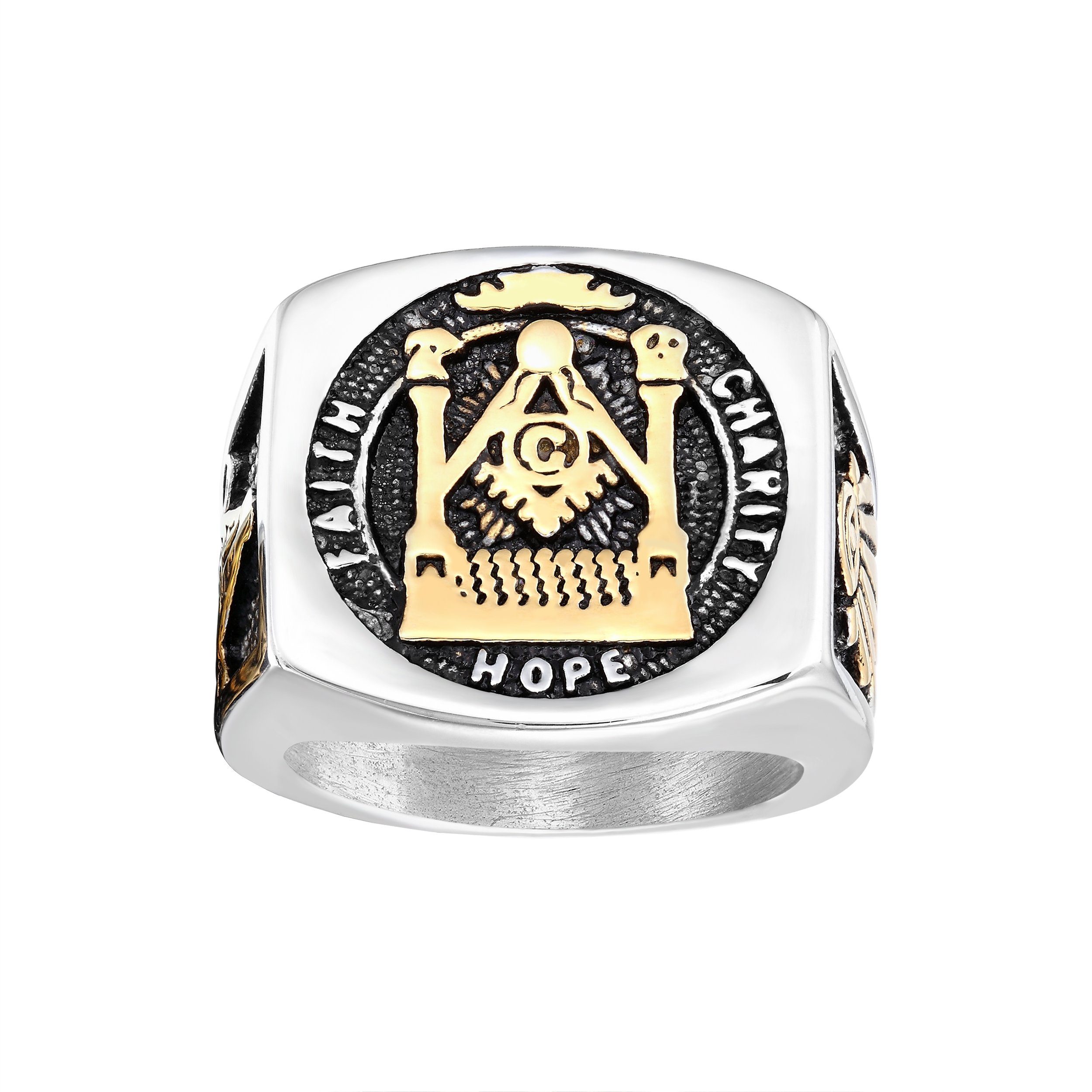 Karisma Fingerring Männer Edelstahl 316L Ring - Freimaurer Illuminaten- Teil Vergoldet, - RHC4010