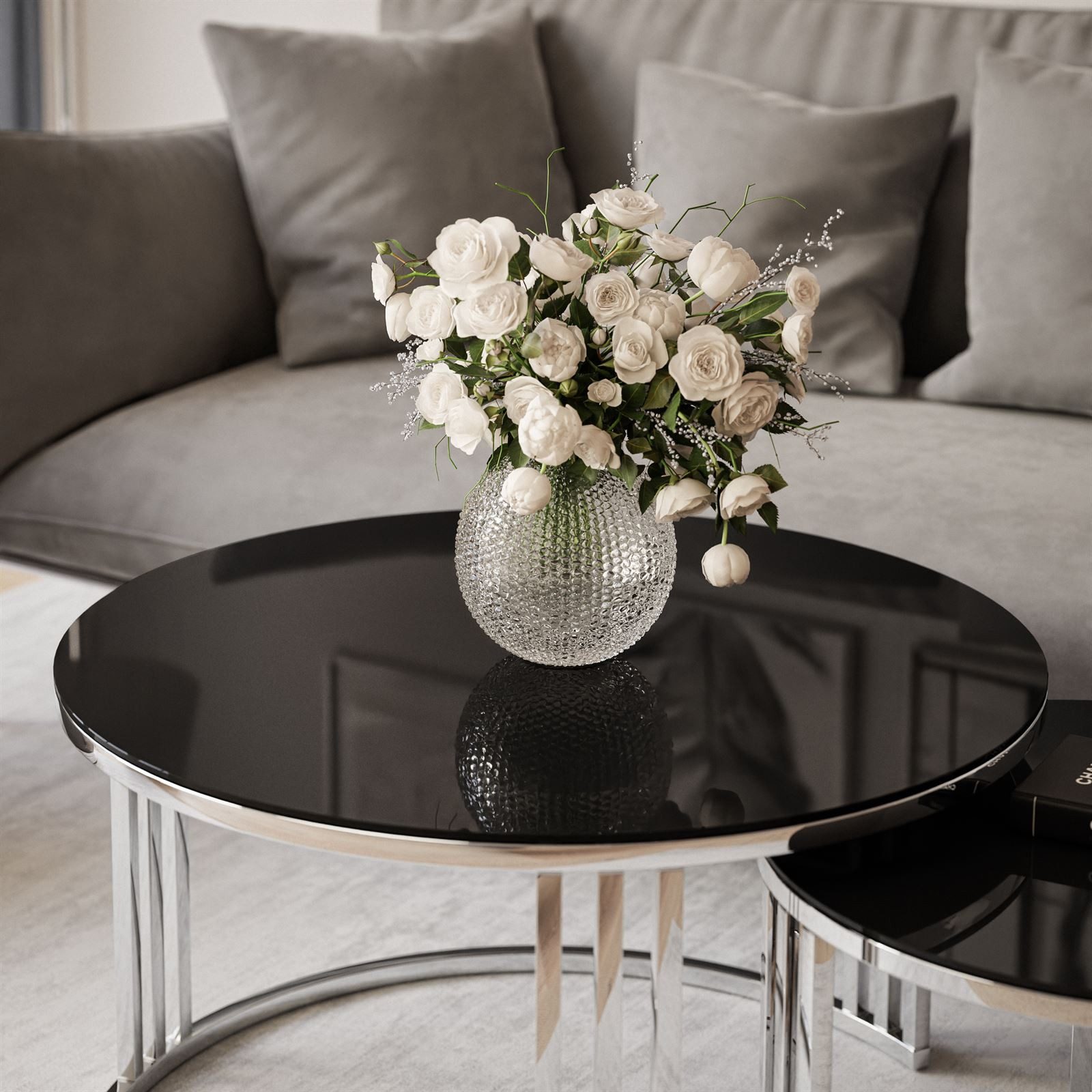 Lookway Couchtisch LORI 2in1 GLASS runder Couchtisch mit silber chrom Gestell (2er Set), Durchmesser: ⌀70 cm und ⌀50 cm