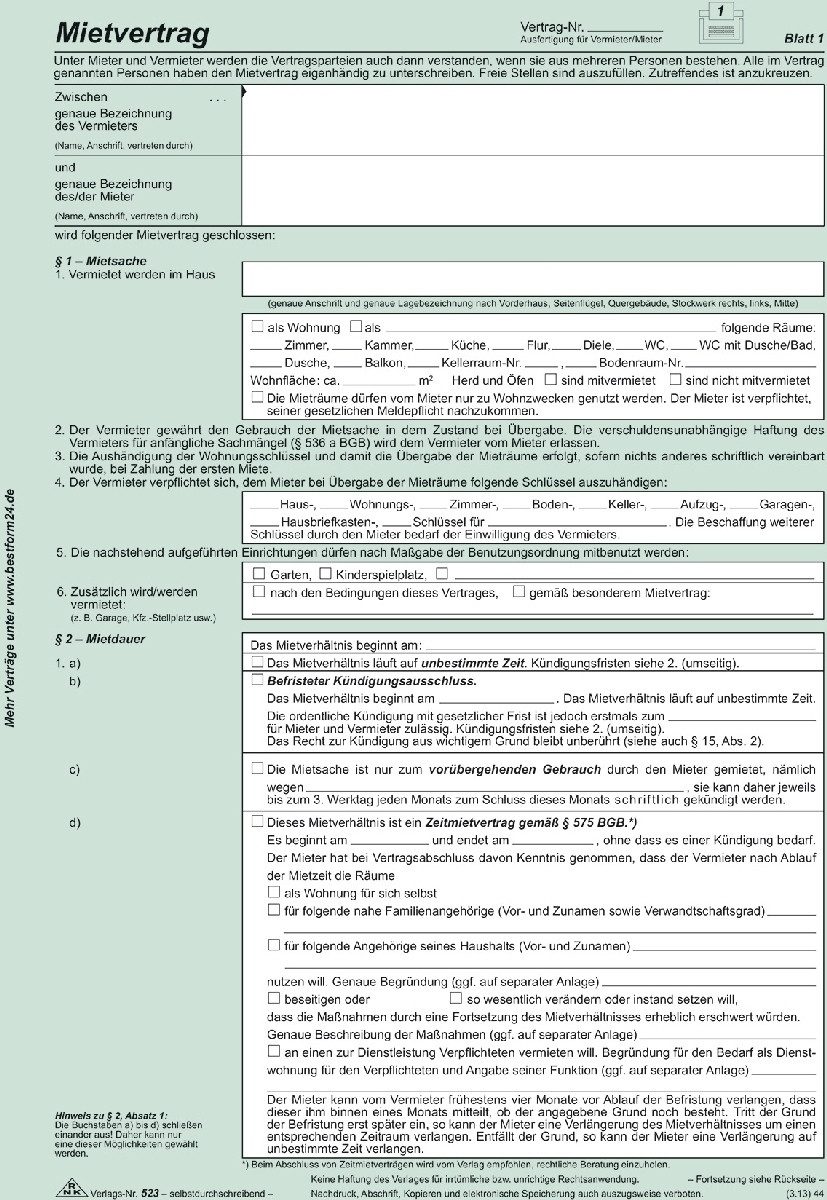RNK Verlag Formularblock Universal-Mietvertrag für Wohnungen SD 3x2 Blatt VE=10 Stück