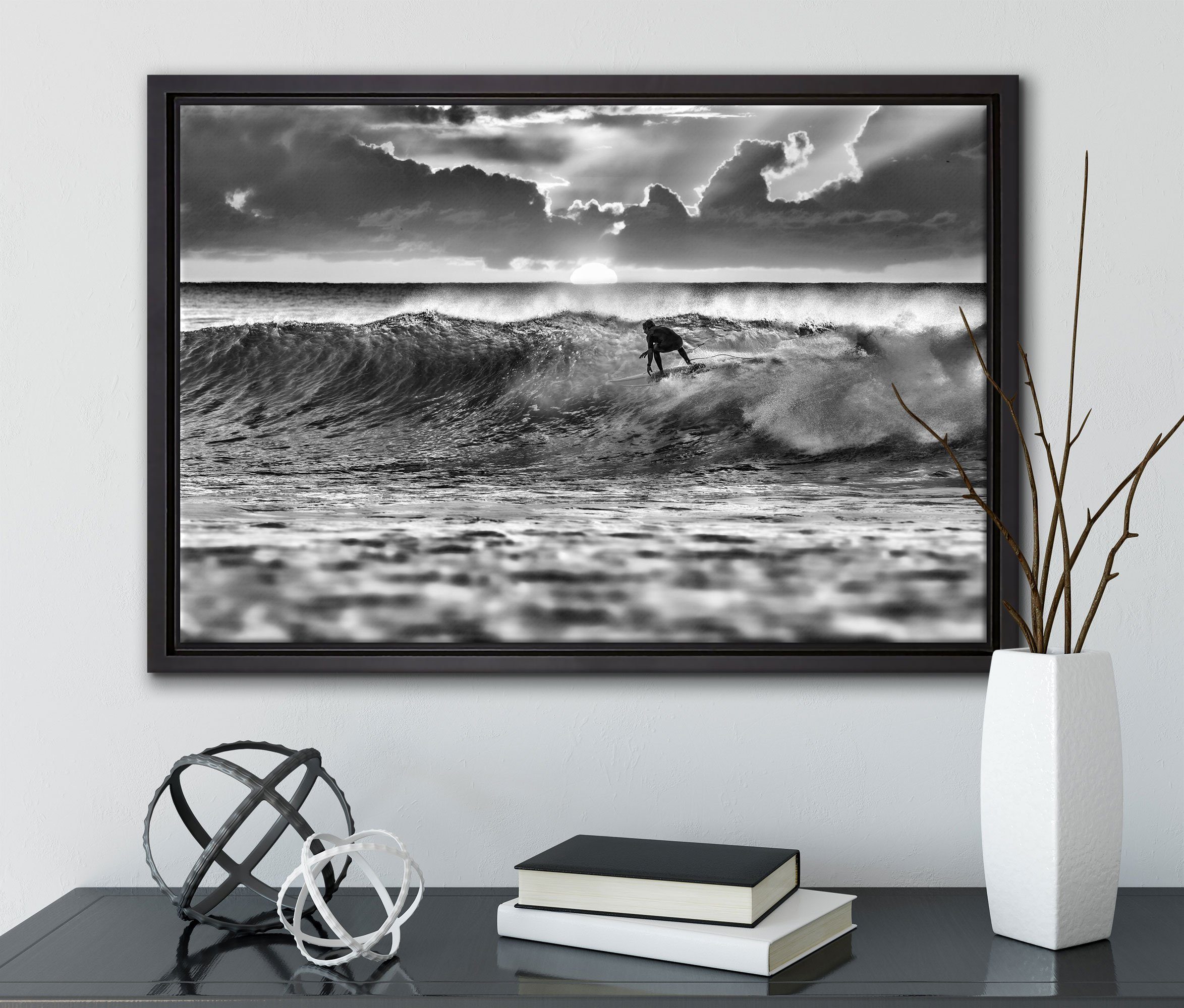(1 St), fertig in bespannt, Leinwandbild Leinwandbild Zackenaufhänger inkl. Wellenreiten, einem Schattenfugen-Bilderrahmen Surfen Pixxprint gefasst, Wanddekoration
