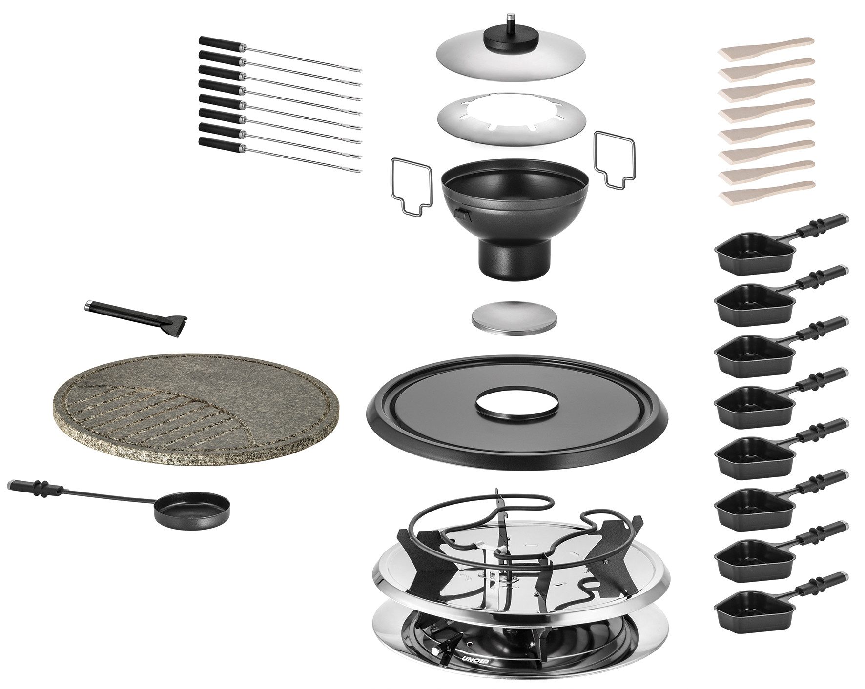 Unold Raclette Multi 4-in-1 48726, 8 Raclettepfännchen, 1300 W, mit Fonduetopf, abnehmbare Grillplatte und Natursteinplatte